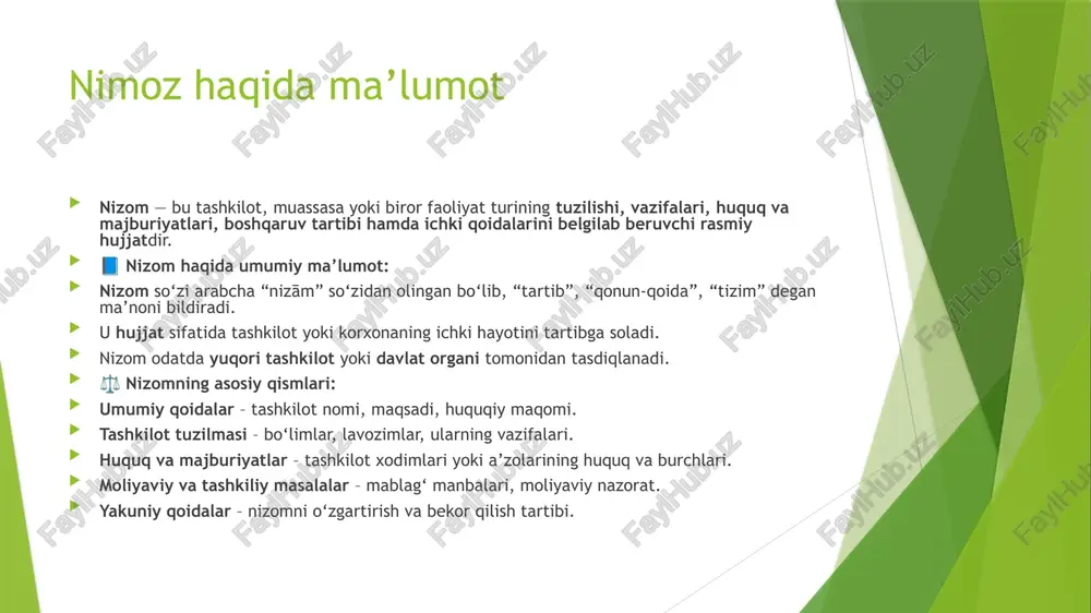 ma haqida ma’lumotlar 🏛️ shartnoma turlari: mehnat shartnomasi – ish beruvchi va xodim o‘rtasida. ijara shartnomasi – mol-mulkni vaqtincha foydalanishga berish haqida. oldi-sotdi shartnomasi – tovar yoki molni sotib olish va sotish. xizmat ko‘rsatish shartnomasi – ma’lum ish yoki xizmatni bajarish. 📄 shartnomaning ahamiyati: tomonlar o‘rtasida tartib va ishonchni ta’minlaydi. huquqiy himoya vositasi hisoblanadi. nizolarni sud tartibida hal etishda asosiy hujjat bo‘lib xizmat qiladi. ichki mehnat qoidalari haiqda ma’lumotlar ichki mehnat qoidalari — bu korxona, muassasa yoki tashkilotda ish tartibi, xodimlarning huquq va majburiyatlari, ishga qabul qilish va ishdan bo‘shatish, intizom va dam olish tartibini belgilovchi rasmiy hujjatdir. 📘 umumiy ma’lumot: ichki mehnat qoidalari mehnat kodeksi asosida tuziladi. u har bir tashkilotda mehnat intizomini ta’minlash uchun joriy qilinadi. qoidalar xodimlar va ish beruvchi uchun majburiy hisoblanadi. ichki mehnat qoidalari haqida ma’lumotlar 🏛️ ichki mehnat qoidalarining ahamiyati: tashkilotda tartib va intizomni ta’minlaydi. ishchi va ish beruvchi o‘rtasidagi huquqiy munosabatlarni tartibga soladi. …