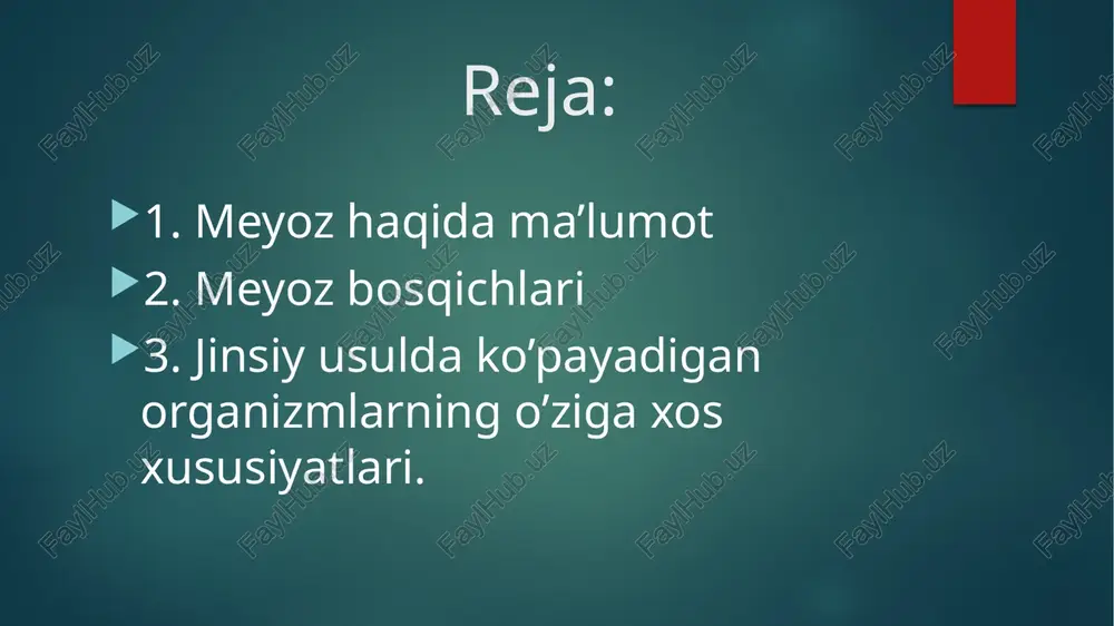 yòqoladi, yadro membranasi parchalanadi va bòlinsh duki yaqqollashadi. . metafaza i- xromosomalarning spirallanish darajasi eng yuqori ko’rsatkichga ega bo’ladi. konyugatsiyalashgan xromosomalar juft-juft holatda ekvator tekisligi bo’ylab joylashadi. sentromeraga bo’linish urchug’i birikadi. metafaza i . anafaza i- gomologik xromosomalarning yelkalari bir-biridan aniq ajraladi. lekin xromatidlarga ajralmay qutblarga tomon harakatlana boshlaydi. anafaza i . telofaza i- xromosomalar soni ikki hissa kamaygan hujayralar hosil bo’ladi. qisqa vaqt ichida yadro qobig’i hosil bo’ladi. telofaza i . interkinez davrida dnk reduplikatsiyalanmaydi. birinchi bo’linish natijasida hosil bo’lgan hujayralar bir-biridan ota va ona xromosoma genlar yig’indisi jihatdab farq qiladi. misol uchun odamda barcha hujayralarda, shu jumladan birlamcha jinsiy hujayralarda ham 46 ta xromosoma bo’ladi. bulardan 23 tasi ota, 23 tasi ona organizmga taalluqlidir. meyozning birinchi bo’linishidan so’ng spermatotsit va ovotsitlarga 23 tadan xromosoma o’tadi. xromosomalarning tarqalishi anafaza i da turli xil variantlarda amalga oshadi. . meyozning ikkinchi bo’linishidagi profaza ii va metafaza ii da xudddi mitozdagidek jarayonlar …
