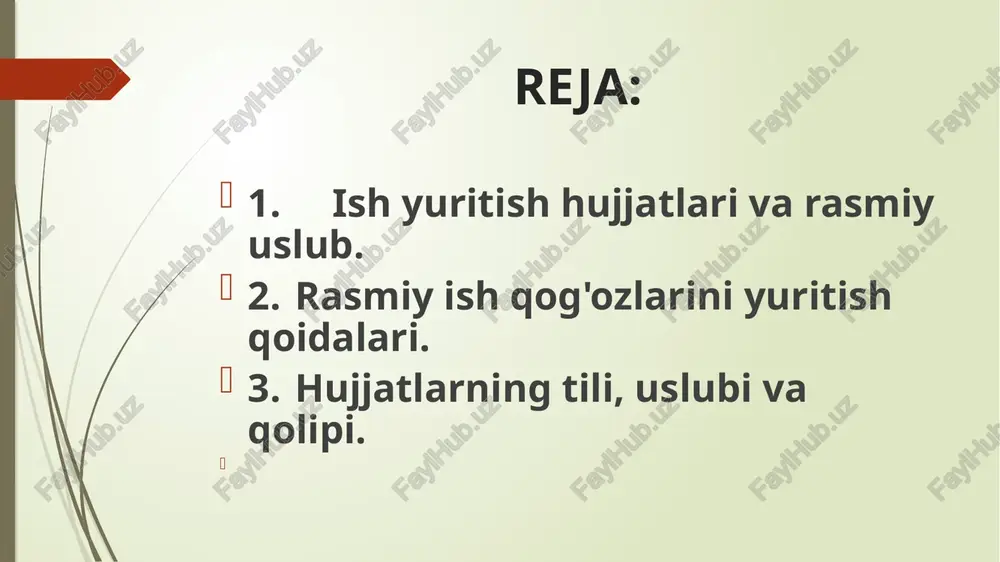 og'ozlariga yoziladi, bunday hujjatlarda ikki turli axborot aks etadi, ya’ni o'zgaruvchan va o'zgarmas axborot beriladi. 3. xizmat hujjatlari - tayyorlanishiga ko'ra muassasa yoki mansabdor shaxslarga tegishli bo'lsa, shaxsiy hujjatlar - yakka shaxslar tomonidan yozilib, ularning xizmat faoliyatlaridan tashqaridagi yoki jamoat ishlarini bajarish bilan bog'liq masalalarga tegishli bo'ladi. 4. tashkiliy hujjatlar. mazmuni tashkilot, muassasa va korxonalarning huquqiy maqomi, tarkibiy tarmoqlari va xodimlari boshqaruv jarayonining borishida jamoa ishtirokining qayd qilinishi, boshqa tashkilotlar bilan aloqalarning huquqiy tomonlari kabi masalalarni aks ettiradi. bulardan tashqari, farmoyish hujjatlari (buyruq, ko'rsatma, farmoyish), ma'lumot- axborot hujjatlari (dalolatnoma, ma’lumotnoma, ariza, tushuntirish xati, hisobot, ishonchnoma, tavsifnoma), xizmat yozishmalari kabi hujjatlar mavjud. hujjatlarni tayyorlash umumiy qoidalariga ko'ra ularning zaruriy qismlari (rekvizitlari) quyidagicha: 1.o'zbekiston respublikasining gerbi. 2.tashkilot yoki korxonaning ramziy belgisi (emblemasi). 3.mukofot tasviri. 4.vazirlik yoki yuqori idoraning nomi. 5.muassasa, tashkilot yoki korxonaning nomi. 6.tarkibiy tarmoqning nomi. 7.aloqa muassasasining shartli raqami (indeksi), tashkilot yoki korxona manzili, telefon raqami, faks raqami, bankdagi hisob-kitob …
