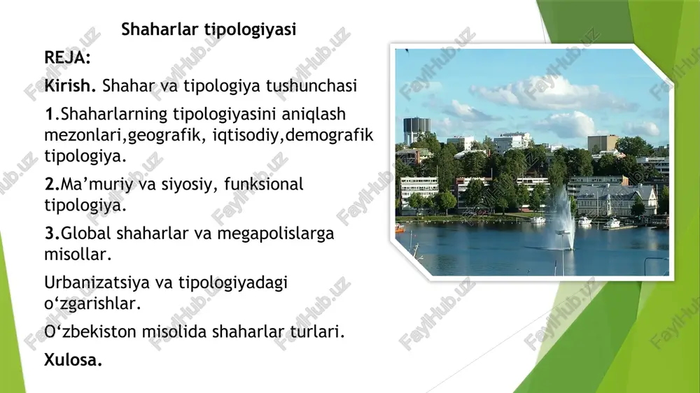 cha) -o‘rta shaharlar (50–250 ming) -yirik shaharlar (250 mingdan ortiq) -millionli shaharlar (masalan, toshkent) shahar o‘sishi urbanizatsiyaning asosiy ko‘rsatkichlaridan biridir. 25.10.2025 ma’muriy va siyosiy tipologiya ma’muriy maqomiga ko‘ra shaharlar: -poytaxt (toshkent) -respublika ahamiyatidagi shaharlar -viloyat markazlari -tuman markazlari ular siyosiy va boshqaruv tuzilmalarining markazi sifatida ajralib turadi. funksional tipologiya shaharlar bajaradigan vazifasiga qarab turlarga bo‘linadi: transport tugunlari (bekobod, termiz) ilmiy va ta’lim markazlari (toshkent, farg‘ona) madaniy markazlar sog‘liqni saqlash markazlari harbiy shaharchalar bu tasnif rejalashtirishda katta ahamiyatga ega. 25.10.2025 global shaharlar va megapolislarga misollar dunyo miqyosida yetakchi shaharlar: nyu-york, london, tokio — global moliyaviy va madaniy markazlar parij, seul, pekin — yirik megapolislarga misollar ular o‘z hududidan tashqarida ham iqtisodiy va siyosiy ta’sirga ega. 25.10.2025 urbanizatsiya va tipologiyadagi o‘zgarishlar urbanizatsiya — bu qishloq aholisi sonining kamayib, shahar aholisining ortib borishidir. bu jarayon yangi turdagi shaharlarni keltirib chiqaradi: texnoshaharlar ekoshaharlar aqlli shaharlar (smart cities) bu yangi tipologiyalar texnologik taraqqiyot va ekologik …