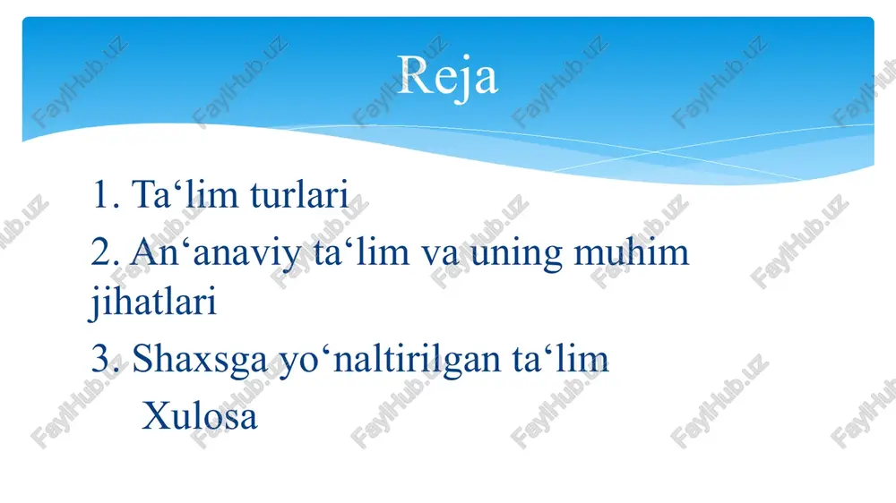 slashtirilgan ta'lim samaradorligini oshiradi. bu jarayon o'quvchilarning o'z-o'zini anglashiga va muvaffaqiyatiga olib keladi. an‘anaviy ta‘limning asosiy tamoyillari va ularning ahamiyati. an‘anaviy ta‘lim tamoyillari o‘quv jarayonining strukturasi o‘qituvchi va o‘quvchi roli an‘anaviy ta‘lim tamoyillari o‘qitishni tashkil qilishda muhim rol o‘ynaydi. ular o‘quvchilar uchun bilimlarni tartibga solishda yordam beradi. an‘anaviy ta‘limda o‘quv jarayoni qat’iy struktura asosida tashkil etiladi. darslar reja asosida o‘tadi, bu esa o‘quvchilarga nazariy bilimlarni samarali o‘zlashtirish imkonini beradi. an‘anaviy ta‘limda o‘qituvchilar bilim beruvchi sifatida asosiy rol o‘ynaydi. ular o‘quvchilarga yo‘l-yo‘riq ko‘rsatib, o‘z bilimlarini uzatadilar. an‘anaviy ta‘lim usullarining samaradorligi va muammolari. an‘anaviy usullar samaradorligi muammolar va cheklovlar o‘sish imkoniyatlari an‘anaviy ta‘lim usullari, o‘quvchilarning nazariy bilimlarini shakllantirishda va asosiy tushunchalarni o‘rganishda samaradorlik ko‘rsatmoqda. an‘anaviy ta‘limda o‘quvchilarni faollashtiruvchi yondashuvlarning yetishmasligi, o‘qituvchilarni yangilanishga intilmasligi muammolarni keltirib chiqaradi. an‘anaviy usullarni zamonaviy texnologiyalar bilan birlashtirish, interaktiv metodlarni joriy etish, ta‘lim jarayonini takomillashtirishda muhim ahamiyatga ega. an‘anaviy ta‘limda o‘qituvchi va o‘quvchi o‘rtasidagi munosabatlar. 1 o'qituvchining roli …