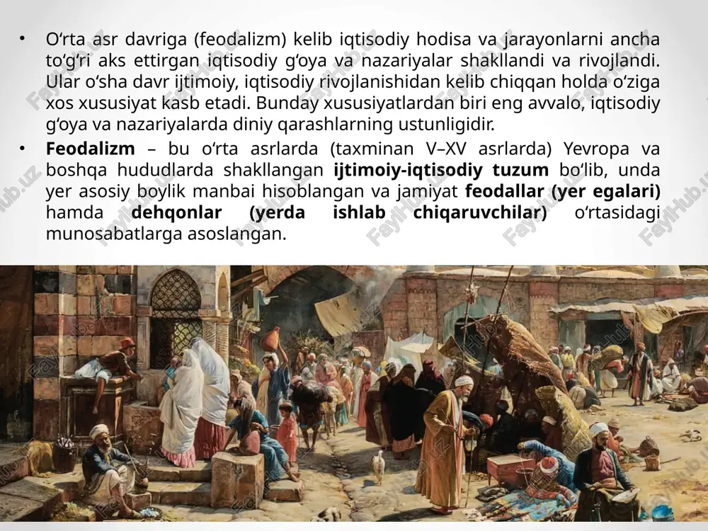 bilan ajralib turadi. uning har bir oyati bandalarni poklikka, iymonga chorlaydi. uning 293 ta oyati bevosita iqtisodiy tafakkurga bag‘ishlangan. boshqa juda ko'p oyatlarda ham qisman iqtisodiyotga oid fikrlar berilgan. «qur’oni karim» insonlarni halol mehnat qilishga, tejamli bo'lishga, mehru shafqatga, halollikka undaydi «qur’oni karim»ning bir qancha oyatlarida o'z mehnati bilan parvardigor yaratib qo'ygan rizqini terib yeyish zarurligiga da’vat qilingan. «taborak» (mulk) surasining 15-oyatida shunday deyiladi: ma’nosi, “(alloh) sizlar uchun yerni xokisor-bo ‘ysinguvchi qilib qo ygan zotdir. bas, (yer)ning har tomonida yuraveringlar va (allohning bergan) rizq-ro ‘zidan yenglar. yolg'iz uning huzuriga tirilib chiqish-qaytish bordir” mana shunday alloh yaratgan imkoniyatlar ulardan aql-idrok bilan kasb-komi egallab, o‘z rizqini terib yeyishlari bandalarning burchlari ekanligi to‘g‘risidagi da’vatni biz «qur’oni karim»ning «baqara» surasining 3, 22, 25, 33, 57, «nahl» surasining 11, 12, 114, «qasos» surasining 76, 77, «ankabut» surasining 17, 62, «sajda» surasining 27, «yosin» surasining 34, 35, «va-ssaffot»surasining 41-44, «sod» surasining 50- 51, «zumar» surasining 21-oyatlarida …