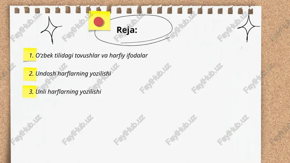 iy rol o'ynaydi. ... t.me/slaydai_bot 4. qoʻsh undosh va unli harflarning qoʻllanilishi oʻzbek tilida toʻrt qoʻsh undosh va unli harflar qoʻllanilishi asosan oʻzlashma va ayrim etimologik soʻzlarda uchraydi. masalan, "milli" (duch sva) degan soʻzlar ikki qoʻsh undoshga ega. yana bir misol, "ko‘rra" soʻzi ikki qo‘sh unli harflardan iborat. ko‘p qo‘llanilgan qo‘sh harflardan yana biri "oo" bo‘lib, u "zoom" kabi chet tillardan kirib kelgan soʻzlarda keng tarqalgan. o‘zbek tilida bu kabi qo‘sh harflar talaffuzni osonlashtiradi yoki yozuvni oʻzlashgan tilga moslashtiradi. natijada soʻz mazmunini yoki talaffuzini saqlab qolishda yordam beradi. ... t.me/slaydai_bot bigizli undosh harflar oʻzbek tilida talaffuzda ovoz berishliligi bilan ajralib turuvchi undoshlar boʻlib, bular b, d, g, j, z, v, gʻ, h, y dir. oʻzbek tilidagi imlo qoida boʻyicha bu harflar soʻz boshida, oʻrtasida va oxirida kelishi mumkin. masalan, “bolta”, “daraxt”, “gʻisht” soʻzlarida har bir bigizli undosh alohida oʻringa ega. bu harflar soʻzning maʼno va talaffuzida muhim rol oʻynaydi. avvaldan …