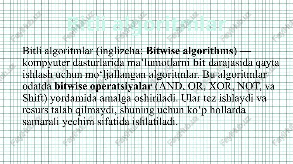 uchun ishlatiladi. run-length encoding (rle) - tasvir va ovoz fayllarida ortiqcha ma’lumotlarni olib tashlaydi. kompyuter arxitekturasi va aparat darajasidagi dasturlash (hardware programming) assembler va embedded systems dasturlarida bit manipulyatsiya keng qo‘llaniladi. sensorlar va iot qurilmalari o‘rtasida ma’lumot almashishda ishlatiladi. bit-field operatsiyalari mikrokontrollerlar va protsessorlar boshqaruvi uchun optimallashtirilgan. asosiy bitli operatorlar: bitli operator: va operatori (&) bit bo'yicha and (&) operatori bitta ampersand belgisi yordamida belgilanadi. & operatori parametr sifatida ikkita teng uzunlikdagi bit qiymatni oladi. ikki bitli butun sonlar solishtiriladi. agar bit qiymatlarining solishtirilgan pozitsiyalaridagi bitlar 1 ga teng bo'lsa, natijada olingan bit 1 ga teng bo'lsa, aks holda u 0 ga teng. misol: x va y ikkita bit qiymatini olib & ko`paytirishni ko`ramiz, bu erda x = 7 = (111) 2 va y = 4 = (100) 2 . pythonda kodi: bitli operator: or operatori (|) bitli operator: xor operatori (^) ^ operatori (xor operatori sifatida ham tanilgan) exclusive …