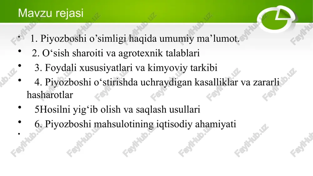 z (sarimsoq), shubert piyoz (choʻchqa piyoz), qoratov piyoz (choʻchqaquloq), novcha piyoz (anzur piyoz), chimyon piyoz, seversov piyoz kabi 15 hil yovvoyi turi oʻsadi. asosan, 6 hil turi – osh piyoz (vatani oʻrta osiyo va afgʻoniston), batun piyoz (vatani sharqiy sibirning janubi), porey piyoz (vatani oʻrta dengiz boʻylari) va boshqa yerlarda ekib yetishtiriladi. eng koʻp tarqalgan turi osh piyoz (a. cepa l.) tuproq unumdorligiga gʻoyat talabchan, sovuqqa chidamli va oʻta namsevar sabzavot ekini. oʻrta osiyodan tashqari aqsh, bolgariya, ispaniya, misr, fransiya, italiya va yaponiya mamlakatlarida koʻp ekiladi. oʻzbekistonda 2 yillik, ayrim mamlakatlarda 2 va 4 yillik ekin. piyoz boshlari yapaloq, uzunchoq yoki yumaloq. tarkibida (navlariga qarab) 2,4—14% qand, 2—13,9 mg% s vitamini, efir moyi, bargida esa 19—57,7 mg% s vitamini, shuningdek, a, v, v2 vitaminlari va 1,3—5,9 mg% allinium pro-vitamini, limon va olma kislotalar, fitonsidlar va boshqa vitamin, moddalar mavjud. piyozboshi o’simligi haqida umumiy ma’lumot. piyoz boshi poyasining shoxlanishiga qarab kam, …