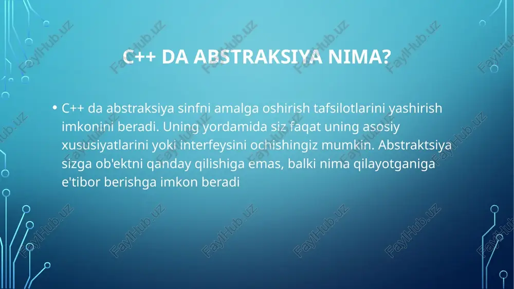 area() funktsiyasini amalga oshirishni ta'minlaydigan aniq olingan sinfdir . hududni qanday hisoblashni amalga oshirish tafsilotlari rectangle sinfining foydalanuvchisidan yashiriladi . asosiy funktsiyada biz yangi rectangle ob'ektiga ishora qiluvchi shape tipidagi ko'rsatgichni yaratamiz . keyin to'rtburchakning maydonini hisoblash uchun shape ko'rsatkichida getarea() usulini chaqiramiz . keyin natijani chop eting. shakl mavhum sinf bo'lgani uchun uni to'g'ridan-to'g'ri instantsiyalash(obyekt olish) mumkin emas. lekin u rectangle kabi meros olingan boshqa sinflar uchun asosiy sinf sifatida ishlatilishi mumkin #include using namespace std; // shape class. class shape { public: // function to calculate the parameter, declared as pure virtual, so all the derived classes necessarily need to implement this. virtual int perimeter() = 0; void width(int w) { shape_width = w; } void height(int h) { shape_height = h; } protected: int shape_width; int shape_height; }; class rectangle: public shape { public: // class rectangle provided implementation of perimeter() function. int perimeter() { return (2 …