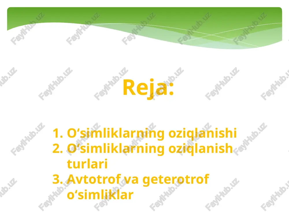 roitlari (tuproq namligi, oziq moddalar va xarorat bilan ta’minlanishi) ga bog‘liq. o‘simliklarning yashash sharoitini yaxshilash orqali fotosintez jarayonida xosil bo‘ladigan maxsulotlar miqdori va tarkibini boshqarish mumkin. faoliyat ko‘rsatayotgan barglarda yorug‘lik ta’sirida xlorofill miqdori kamayadi, qaysiki, barg faoliyatini kuchaytirishda muxim axamiyatga ega. barg tarkibidagi azot va magniyning 75, temirning 80, ruxning 70, kalsiyning 60, kaliy va misning 50% i xloroplastlar tanasida jamlanadi. bu raqamlar mazkur elementlarning fotosintezida katta axamiyatga ega ekanligini ko‘rsatadi. xloroplastlar tarkibida fermentlar xam ko‘p miqdorda uchraydi. barg yuzasiga yorug‘lik tushgandan keyin 5–10 soniya o‘tgan organik moddalar sintezining boshlanishi nishonlangan atomlar usuli yordamida aniqlangan. qanday modda va qancha miqdorda sintezlanishi o‘simlikning tabiati, yoshi va etilish sharoitiga bog‘liq. bir kg barg tarkibida 1–3 g atrofida xlorofill bo‘ladi yoki boshqacha aytganda, xar 25 sm2 barg yuzasiga 1 mg xlorofill to‘g‘ri keladi. bitta bargdagi xlorofill donalarining umumiy yuzasi shu barg plastinkasi yuzasidan qariyib 200 marta kattadir. yoz faslida bir mg xlorofill bir …