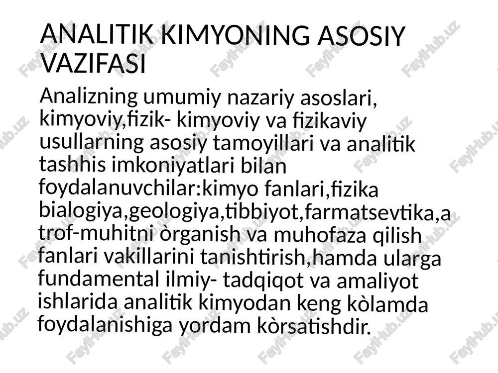 af 1747 yilda lavlagi sharbatida qand moddalar kristallarini òrganishda birinchi bòlib mikroskopni qòlladi,1758 yilda turli ishqoriy metallar rangsiz alangaga kiritilganda kaliy (binafsha) va natriy(tòq sariq) bòyashini kòrsatdi. 1774 yilda m.v.lomonosov ilk bor sifat analizidamikroskopdan foydalandi. k.frezenius 1841- yilda sifat analizi, 1845- yilda esa miqdoriyanaliz bòyicha òsha vaqtda ma' lum bòlgan ma'lumotlarni òz ichiga olgan ishchi qòllanmalar yozdi va ular 16 marta turli yevropa tillarida qayta nashrdan chiqarildi. 1794 yilda t.e.lovits òta tòyingan eritmalardan kristall chòkmalar olish va tuzlar tarkibini aniqlashda òzi yaratgan 288 metallardan foydalanishni taklif qildi. n.a.menshutkin 1871 yilda chop qilingan " analitik kimyo " darsligi 16 marta qayta nashr etildi va rus analitik kimyogarlarining maktablari shakllanishiga asos soldi. klod jozef joffrua fransuz kimyogari,birinchi bòlib 1726 yilda sirka kislatasini kaliy karbinatning suvli eritmasi bilan titrladi. akademik b.p.nikolskiy. potensiometrik analiz usullarining asosiy konstruktiv elementi - shisha elektrodlatda boradigan ion almashinish jarayonining nazariyasini yaratdi, ion almashish xromatografiyasini nazariy va amaliy jihatdan …