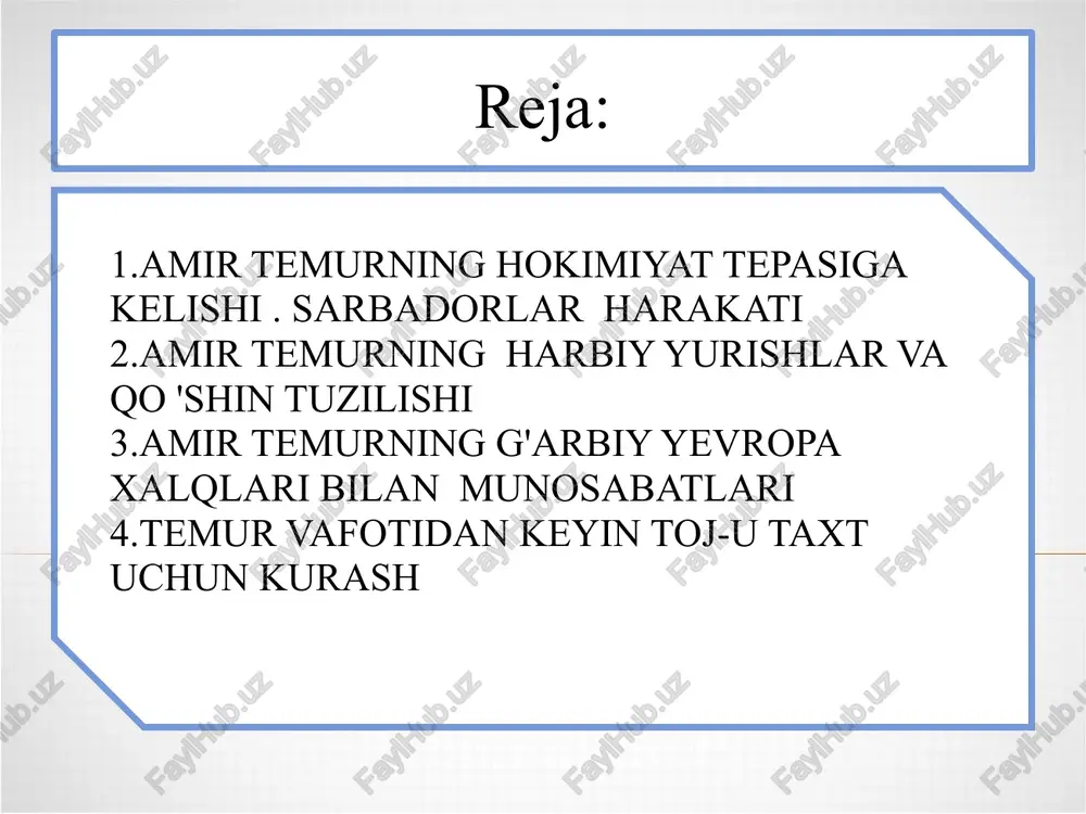 ishini ado etib hokimiyat tepasiga keldi va ketma- ket g'alabaga erishdi. amir temur markaziy osiyo o'ymishi traqqiyotining barcha siyosiy ,iqtisodiy, madaniy merisni o'zida gavdalantirdi... amir temurning tarix sahnasiga kelishi tasodif emas ,zero, u, o'z davrining eng iqtidorli vakili edi. xilda xukxem l.n.gumilov mamlakatga qattiq hokimiyat kerak edi va amir temur uni barpo etdi...amir temur kiroyi "askariy hukmdor" bo'lib qoldi. l.man quloq eshitmagan ko’lamdagi zafarlarni eltishga qodir , tajribali siyosatchilar va lashkarbo shilar orasida 1-edi 16 alisher navoiy temur ko'ragon... agarchi nazm aytmoqqa iltifot qilmaydurlar,ammo nazm va nasrni andoq xub mahal va mavqeda o'qubdurlarkim,aningdak bir bayt o'qumog'ni ming yaxshi bayt aytqonicha bor.tabarruk haysiyatidankim,ul hazratning muborak ismi bu muxtasarda bo'lg'ay va ul latoyifdinbiri bila ixtisor qililur amir temur ajdodlari. sharfiddin ali yazdiyning zafarnomasining muqaddimasi bo'yicha,amo bu hozirda isbotlanmagan. barlos urug'i 92 o'zbek urug'ining biridir "muiz al-ansob" asarida 3 ukasi va 2 singlisining nomi berilgan jo'ki, olim shayx suyurg'atmishxon qutluq tukon oqa shirin …