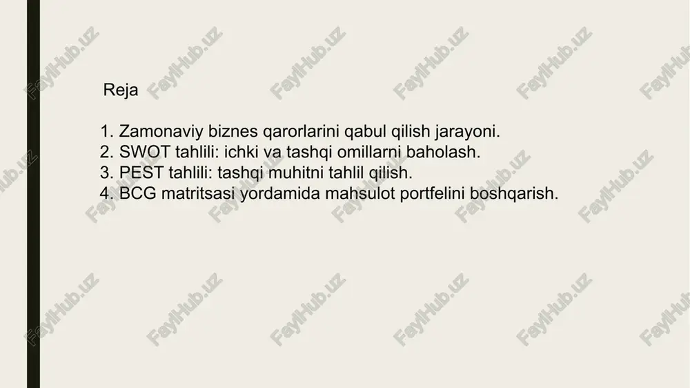 lash uchun ishlatiladi. korxona resurslarini samarali taqsimlashga yordam beradi. zamonaviy usullarning qaror qabul qilishdagi ahamiyati zamonaviy tahlil usullari biznesning hozirgi holatini to‘g‘ri baholash va kelajakdagi imkoniyatlarni aniqlash uchun zarurdir. ular yordamida: korxona resurslari oqilona boshqariladi; potensial xavflar oldindan aniqlanadi va ularning oldi olinadi; raqobatbardoshlik oshiriladi; innovatsion imkoniyatlardan samarali foydalaniladi. ushbu jarayon muvaffaqiyatli strategiyalarni ishlab chiqishga, maqsadli bozorlarda kuchli pozitsiyalarni egallashga va uzoq muddatli muvaffaqiyatga erishishga xizmat qiladi. 2. swot tahlili: ichki va tashqi omillarni baholash: swot tahlili tushunchasi va uning amaliyoti swot tahlili (strengths, weaknesses, opportunities, threats) – korxonaning ichki va tashqi holatini o‘rganish uchun keng qo‘llaniladigan strategik usuldir. bu usul yordamida korxonaning kuchli tomonlari (strengths), zaif tomonlari (weaknesses), imkoniyatlari (opportunities) va xavf-xatarlari (threats) aniqlanadi. swot tahlilining asosiy maqsadi – korxonaning raqobatbardoshlik darajasini oshirishga qaratilgan strategik qarorlar qabul qilishdir. kuchli tomonlar: korxonaning ichki afzalliklari bo‘lib, ular raqobat ustunligini ta’minlaydi. masalan: yuqori sifatli mahsulotlar, malakali xodimlar, ilg‘or texnologiyalar yoki brend tan …