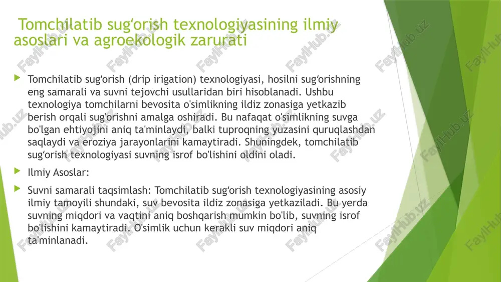 adi va tuproqning yuqori yuzasida namlikni ushlab turadi, bu esa o'simliklarning optimal rivojlanishini ta'minlaydi. suvning iqtisodiy jihatlari: tomchilatib sugʻorish texnologiyasi suv resurslarini yanada tejamkorroq va samaraliroq ishlatish imkonini beradi. shu bilan birga, suvning to'g'ri vaqtda va to'g'ri joyda ishlatilishi orqali hosilni yaxshilash va suvga bo'lgan talabni kamaytirish mumkin. agroekologik zarurati: suv resurslarining tejovchiligi: dunyo bo'ylab suv taqchilligi muammosi tobora kuchaymoqda. tomchilatib sugʻorish texnologiyasi, suvni faqat o'simlikning ildiziga yetkazib berish orqali, suvni tejashga yordam beradi. shu bilan birga, texnologiya suvni oqibatda toza saqlaydi va tuproqning sugʻorishdan keyingi tuproq eroziyasining oldini oladi. tuproq eroziyasining oldini olish: tomchilatib sugʻorish usuli tuproqning yuzasida ortiqcha namlikni saqlamaydi, bu esa eroziya jarayonlarini kamaytiradi. shu bilan birga, tuproqning strukturasi va unumdorligini yaxshilaydi. ekosistemalarga ta'siri: bu texnologiya o'simliklar va tuproq uchun foydali bo'lib, shuningdek, ekosistemalarga ham ijobiy ta'sir ko'rsatadi. tomchilatib sugʻorish texnologiyasi orqali iqlim o'zgarishlariga qarshi kurashishda, suv resurslarini barqaror ishlatishda va bioxilma-xillikni saqlashda muhim rol o'ynaydi. kimyoviy …