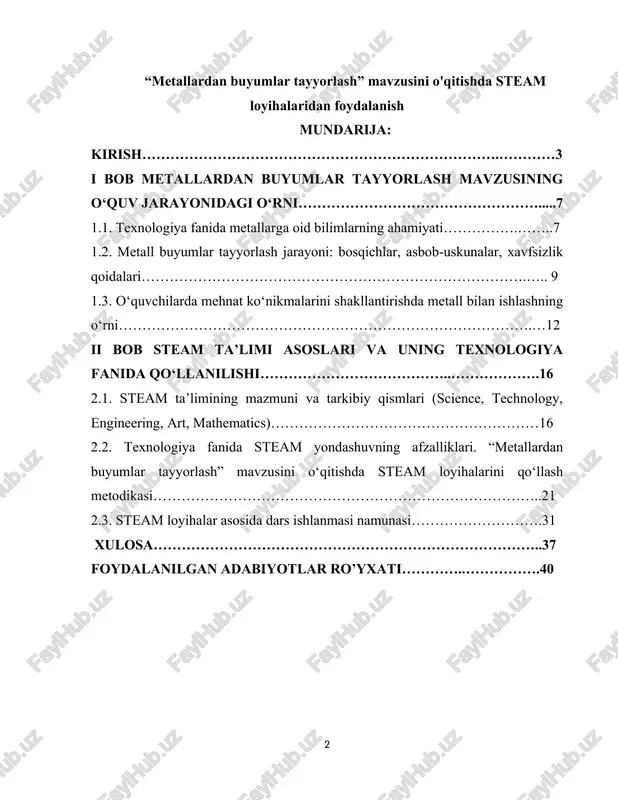 ni tarbiyalaydi. metallar insoniyat tarixida eng qadimiy ishlab chiqarish materiallaridan biri bo‘lib, hozirgi kunda ham barcha sohalarda — sanoat, transport, qurilish, qishloq xo‘jaligi va maishiy xizmatlarda keng qo‘llaniladi. shuning uchun metall bilan ishlashni o‘rgatish texnologiya fanining muhim yo‘nalishlaridan biridir. o‘quvchilar metallarning xossalari (qattiqlik, mustahkamlik, egiluvchanlik, elektr va issiqlik o‘tkazuvchanlik), ularni ishlov berish usullari (qirqish, bukish, parmalash, payvandlash, pishirish) bilan tanishadilar. bu esa ularda texnik tafakkur, mantiqiy tahlil va ijodiy yondashuvni shakllantiradi. mavzuning dolzarbligi. hozirgi globallashuv davrida ta’lim tizimi oldiga qo‘yilgan eng muhim vazifalardan biri — o‘quvchilarda nafaqat nazariy bilimlarni, balki ularni amaliyotda qo‘llay olish, ijodkorlik, texnik tafakkur va innovatsion fikrlash qobiliyatlarini shakllantirishdir. shu ma’noda, dunyo miqyosida keng tarqalayotgan steam ta’lim yondashuvi (science, technology, engineering, art, mathematics) zamonaviy o‘quv jarayonining asosiy tamoyillaridan biriga aylanmoqda. texnologiya fani o‘quvchilarda mehnat ko‘nikmalari, ishlab chiqarish madaniyati va texnik tafakkurni shakllantirishda muhim o‘rin tutadi. ayniqsa, “metallardan buyumlar tayyorlash” mavzusi o‘quvchilarni amaliy faoliyatga, mustaqil fikrlashga va foydali …