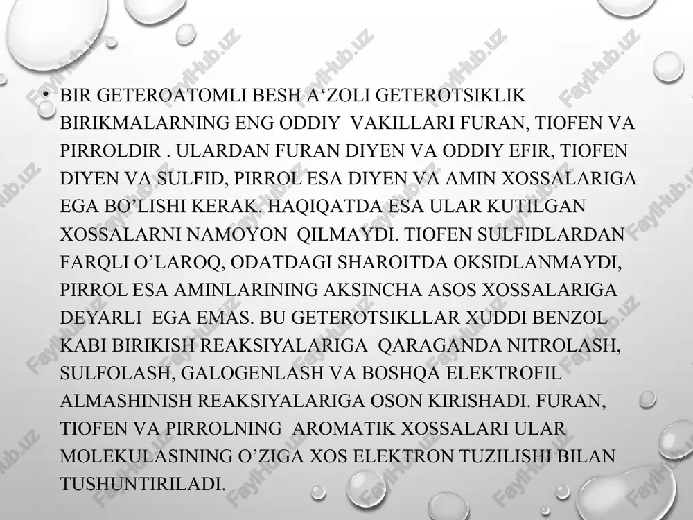 onlarni zncl₂, p₂o₅yoki h₂so₄ishtirokida degidratlash bilan olinadi: furan 1 2 3 kimyoviy xossalari furan elektrofil almashinish va birikish reaksiyalariga, shuningdek, halqaning ochilishi hamda kislorodning almashinishi bilan boradigan reaksiyalarga kirisha oladi. furan halqasi ishqorlar ta‘siriga chidamli, ma‘dan kislotalar ta‘sirida esa oson parchalanadi. shuning uchun ham furanni nitrolashda nitrat kislota o’rniga atsetilnitrat, sulfolashda esa sulfat kislota o’rniga piridinsulfotrioksid ishlatiladi: kimyoviy xossalari furanni galogenlash nitrolash singari oraliq birikish mahsulotlarining hosil bo’lishi orqali boradi: tgf – alifatik oddiy efir xossalariga ega. furandan farqli o’laroq, u aromatik xossalarni namoyon qilmaydi. furan 400-4500ᵒc da al ₂o ₃ ishtirokida vodorod sulfid bilan reaksiyaga kirishib tiofen, ammiak bilan esa pirrol hosil qiladi. bu reaksiyalarda halqadagi kislorod oltingugurt va azotga almashinadi. furan, tiofen va pirrolning yuqori haroratda al₂o₃ ishtirokida bir-biriga aylanishi quyidagi sxema bo’yicha boradi (y. k. yuryev reaksiyasi): furfurol u sanoatda tarkibida pentozan bo‗lgan xomashyo (yog’och, kepak, somon, kungaboqar po’chog’i, makkajo’xori so’tasi va boshqa qishloq xo’jaligi mahsuloti chiqindilari) …