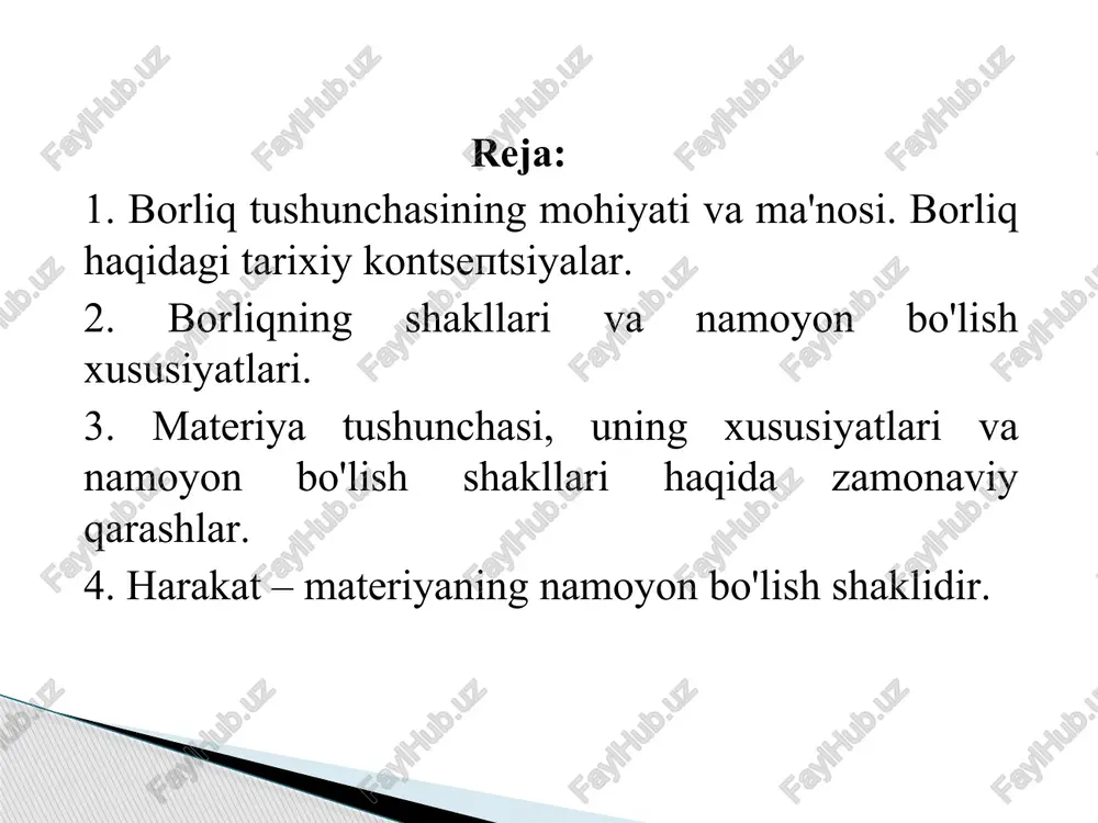 mma narsaning asosida yotadi, demak, borliq hamma narsaning asosidir. borliq o'ziga ob'ektiv va sub'ektiv reallikni, mavjud bo'lgan va mavjud bo'ladigan olamlarni, moddiylik va ma'naviylikni, o'tmish va kelajakni, o'limni va hayotni, ruh va jismni qamrab oluvchi umumiy tushunchadir. materialistik mazmundagi borliq tushunchasi bu: faqat ob'ektiv real olam, ongdan tashqaridagi, unga bog’liq bo'lmagan jismoniy mohiyatga ega bo'lgan narsalargina kiritiladi. borliqning ideal, virtual, potensial, abstrakt, ma'naviy shakllari bu ta'rifdan tashqarida qoladi. 9 9 mavjudlik — borliqning hozirgi paytda namoyon bo'lib turgan qismi bo'lib, o'tgan va mavjud bo'ladigan narsa va hodisalar ham borliq tushunchasiga kiradi. reallik esa, mavjudlikning hammaga ayon bo'lgan, ular tomonidan tan olingan qismi. borliq mavjudlik va reallik tushunchalariga qaraganda ham kengroq tushunchadir. an'anaviy falsafiy qarashlarda borliqning uchta sohasi ajratib ko'rsatiladi. tabiat borlig’i jamiyat borlig’i ong borlig’i borliqning shakllari va namoyon bo'lish xususiyatlari tabiat borliqi odatda tabiatdagi narsalar (jismlar), jarayonlar, holatlar borliqi sifatida tushuniladi. u ikkiga bo'linadi: azaliy tabiat borliq tabiat borliq …
