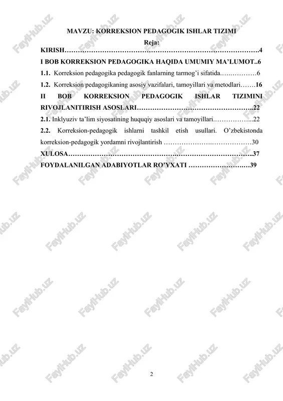 tizimni rivojlantirish zarurligi ahamiyati to‘g‘risida asosli ma’lumotlar tegishli adabiyotlar va manbalarni o‘rganish natijalaridan kelib chiqib, yoritib berilgan.uning ikkinchi bobida maktabgacha yoshdagi bolalarda korreksion pedagogik ishlar tizimi o’ziga xos xususiyatlarini ta’minlash metodikalari -maktabgacha ta’lim jarayonida bolalarni rivojlantirishga qaratilgan davlat talablari, bu talablar asosida mashg’ulo’rlarni tashkil etish masalalari, keltirilgan.bitiruv malakaviy ishning xulosa qismida esa mavzuga oid bo‘lgan aniq xulosalar va maktatabgacha ta’lim tizimida rivojlantiruvchi muhitni tashkil etish yo‘llari masalalari bo‘yicha tegishli takliflar berilgan. bundan tashqari o‘rganilga masalalar bo‘yicha aniqlangan kamchiliklarni bartaraf etish va yutuqlarni ommalashtirishga doir aniq takliflar berilgan. kursni tugatish ishini tayyorlashda rahbariy adabiyotlar, normativ-huquqiy hujjatlar, ilmiy va ommaviy adabiyotlar hamda maktabgacha ta’lim tizimiga tegishli manbalardan foydalanilgan. kirish bugungi kunda ta’lim va tarbiya sohasida korreksion pedagogik ishlar korreksion metodikalar orqali amalga oshiriladi, bu jarayon o‘z ichiga nutq, psixologik, jismoniy va ijtimoiy jihatlar bo‘yicha muammolarga e’tibor qaratishni oladi. ushbu jarayon «madaniy ta’lim» me’yorlari va pedagogika nazariyasiga mos holda amalga oshirilishi lozim. korreksion …
