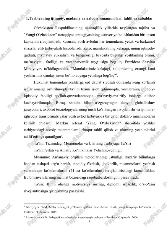 todlarining ustunligi, nazariy bilimlarga haddan tashqari urgʻu berish, tanqidiy fikrlash, ijodkorlik, muammolarni yechish va muloqot koʻnikmalarini (21-asr koʻnikmalari) rivojlantirishdagi kamchiliklar. bu bitiruvchilarning mehnat bozoridagi raqobatbardoshligini pasaytiradi. taʼsir: bilim olishga motivatsiya sustligi, diplomli ishsizlik, oʻz-oʻzini rivojlantirishga qiziqishning pasayishi. yechim: taʼlim tizimini amaliyotga yoʻnaltirish, innovatsion pedagogik texnologiyalarni joriy etish, oʻquv dasturlarini mehnat bozori talablariga moslashtirish, ilgʻor xorijiy tajribalarni oʻrganish va joriy etish. raqamli savodxonlik va axborot madaniyatining turli darajada ekanligi: muammo: shahar va qishloq maktablari oʻrtasidagi raqamli resurslarga erishishdagi tafovut, yoshlar orasida axborotdan toʻgʻri foydalanish, uni tahlil qilish va tanqidiy baholash koʻnikmalarining yetarli emasligi[footnoteref:3]. [3: ishmuhamedov r.i., abduqodirov a.a., pardaev a.x. taʼlimda innovatsion texnologiyalar. – toshkent: fan va texnologiyalar, 2008.] taʼsir: "raqamli boʻshliq" paydo boʻlishi, yoshlarning zararli axborotlarga beriluvchanligi, kiberxavfsizlik tahdidlari[footnoteref:4]. [4: gʻoziyev e. pedagogik psixologiya. – toshkent: fan va texnologiyalar, 2011.] yechim: taʼlim muassasalarini zamonaviy axborot texnologiyalari bilan jihozlash, axborot madaniyati va kiberxavfsizlik boʻyicha oʻquv dasturlarini kuchaytirish, media savodxonligini oshirish. kasbga …