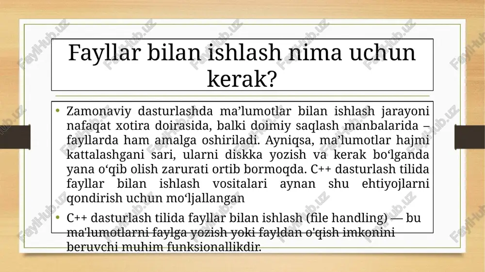 (char*)&son, sizeof(son)); cout << "o‘qilgan son: " << son << endl; fayl.close(); return 0; } xulosa: c++ da fayllar bilan ishlashda quyidagilarga e'tibor qaratish lozim: fayl ochilish rejimlari (ios::in, ios::out, ios::app, ios::binary) fayl mavjudligini tekshirish close() bilan faylni yopish getline() satrni o‘qishda foydali binar fayllar – strukturali ma’lumotlar saqlash uchun qulay image5.png image6.png image3.png image4.png /docprops/thumbnail.jpeg