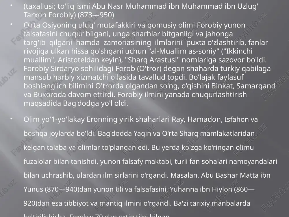 o'zining ko'plab asarlarini yozdi. foro­biy 949—950-yillar misrda, so'ngra damashqda yashadi va umrining oxirgi kunlarini shu yerda o'tkazdi. u damashqdagi "bob as-sag'ir" qabristoniga dafn etilgan. mavjud ma'lumotlarga qaraganda, forobiy 160 dan ortiq asar yozgan. lekin ularning aksariyati bizgacha yetib kelmagan. shunga qaramay, mavjud risolalarining o'ziyoq uning buyuk olim ekanligidan dalolat beradi. forobiyning asosiy asarlari: "falsafani o'rganishdan oldin nimani bilish kerakligi to'g'risida", "falsafiy savollar va ularga javoblar", "ensiklopediyadan mantiq bo'limining bir qismi", "ta'liqot" (sharhlar), "inson a'zolari haqida risola", "bo'shliq haqida maqola", "donolik asoslari", "falsafaning ma'nosi va kelib chiqishi", "hayvon a'zolari, funksiyasi va potensiyasi", "mantiq to'g'risidagi risolaga muqaddima", "mantiq ilmiga kirish", "ilmlarning kelib chiqishi haqida", "musiqa haqida katta kitob", "baxt-saodatga erishuv haqida", "masalalar mohiyati", "buyuk kishilarning naqllari", "ilmlar hisobi", "hikmat ma'nolari", "aql to'g'risida", "ilmlar va san'atlar fazilati", "qonunlar haqida kitob", "substansiya haqida so'z", "falak harakatining doimiyligi haqida", "she'r va qofiyalar haqida so'z", "ritorika haqida kitob", "hajm va miqdor haqida so'z", "musiqa haqida so'z", …