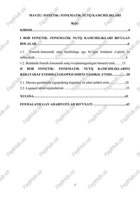 mol avlodni tarbiyalashdagi muammolari va yechimlari, maktabgacha ta’lim tashkilotida fonetik-fonematik nutq kamchiliklarining o’rni muhim ekanligi va tizimni rivojlantirish zarurligi ahamiyati to‘g‘risida asosli ma’lumotlar tegishli adabiyotlar va manbalarni o‘rganish natijalaridan kelib chiqib, yoritib berilgan.uning ikkinchi bobida maktabgacha yoshdagi bolalarda fonetik-fonematik nutq kamchiliklarining o’ziga xos xususiyatlarini ta’minlash metodikalari -maktabgacha ta’lim jarayonida bolalarni rivojlantirishga qaratilgan davlat talablari, bu talablar asosida mashg’ulo’rlarni tashkil etish masalalari, keltirilgan.bitiruv malakaviy ishning xulosa qismida esa mavzuga oid bo‘lgan aniq xulosalar va maktatabgacha ta’lim tizimida rivojlantiruvchi muhitni tashkil etish yo‘llari masalalari bo‘yicha tegishli takliflar berilgan. kursni tugatish ishini tayyorlashda rahbariy adabiyotlar, normativ-huquqiy hujjatlar, ilmiy va ommaviy adabiyotlar hamda maktabgacha ta’lim tizimiga tegishli manbalardan foydalanilgan. kirish mavzuning dolzarbligi. insonning jamiyatda o‘z o‘rnini topishi, ta'lim olishi va barkamol shaxs sifatida shakllanishida nutqning ahamiyati beqiyosdir. ayniqsa, bolalik davrida nutqning to‘g‘ri rivojlanishi, tovushlarni aniq talaffuz qila olish va fonematik idrokning shakllanishi kelgusi hayotiy faoliyat uchun poydevor vazifasini o‘taydi. fonetik-fonematik nutq kamchiliklari (ffnk) bolalar …