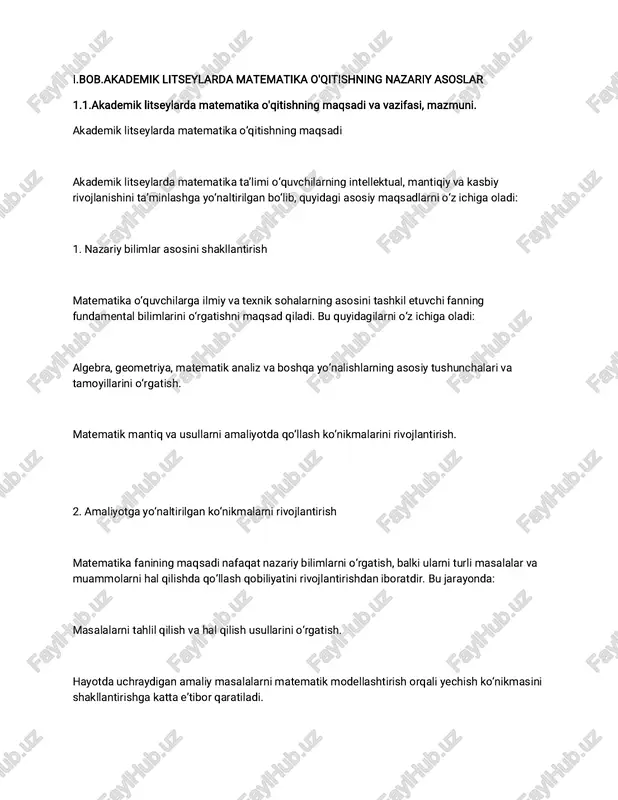 ‘quvchilarning mantiqiy va ijodiy fikrlashini rivojlantirishga xizmat qiladi. bu orqali o‘quvchilar: mantiqiy tahlil qilish va dalillarni asoslashni o‘rganadilar. kreativ fikrlash va murakkab masalalarga innovatsion yechimlar topish ko‘nikmasiga ega bo‘ladilar. 4. fanlararo aloqalarni ta’minlash matematika boshqa fanlar bilan uzviy bog‘liq bo‘lib, uni o‘rgatish jarayonida: fizika, informatika, iqtisodiyot kabi fanlar bilan integratsiya amalga oshiriladi. o‘quvchilarga turli fanlar o‘rtasidagi bog‘liqlikni tushunish va bu bilimlarni hayotda qo‘llash imkoniyati beriladi. 5. ilmiy izlanishlarga tayyorgarlik matematika o‘quvchilarda ilmiy izlanishlarga qiziqish uyg‘otish va ularni ilmiy tadqiqotlarga jalb qilish uchun zarur bilim va ko‘nikmalarni shakllantirishga qaratilgan. bu maqsad: matematika bo‘yicha olimpiadalar, tanlovlar va loyihalarda ishtirok etishga rag‘batlantiradi. o‘quvchilarning ilmiy fikrlash va tadqiqot olib borish qobiliyatini rivojlantiradi. 6. kasbiy va oliy ta’limga tayyorlash matematika o‘qitishning muhim maqsadi o‘quvchilarni kelajakda tanlagan kasbiy yo‘nalishlariga va oliy ta’limga muvaffaqiyatli tayyorlashdan iboratdir. bu quyidagilarni o‘z ichiga oladi: matematika bilimlarini talab qiladigan sohalar (muhandislik, iqtisodiyot, texnologiyalar) uchun zarur bo‘lgan asosiy bilimlarni shakllantirish. kirish imtihonlariga …