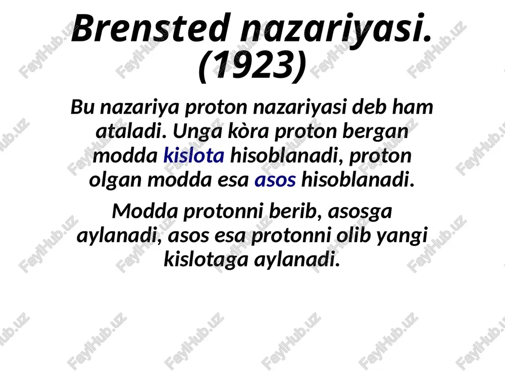 nazariya vodorod ionlarining solvatlangan holatda bòlishini kòra olmagan. 4. bu nazariyani kuchli elektrolitlar uchun tadbiq etib bòlmaydi. debay-xyukken nazariyasi. bu nazariya kuchli elektrolitlar uchun qòllaniladi. bunga kòra, kuchli elektrolit eritmalarda har qaysi ion qarama qarshi ionlar atmosferasi ichida bòladi. qarama qarshi ionlar atmosferasi ion atrofida zich, undan uzoqda, siyrak bòladi. ion atmosferasini qalinligini quyidagi tenglamadan kòrish mumkin. semchenko-b'yurem nazariyasi. (1924-1926) assotsilanish nazariyasi. bu nazariyaga kòra ionlar orasidagi masofa 3,57*10-¹⁰•zk za m ga yaqinlashsa ular assotsialana boshlaydi. e'tiboringiz uchun rahmat. image1.jpeg image2.jpeg image3.jpeg image4.jpeg image5.jpeg