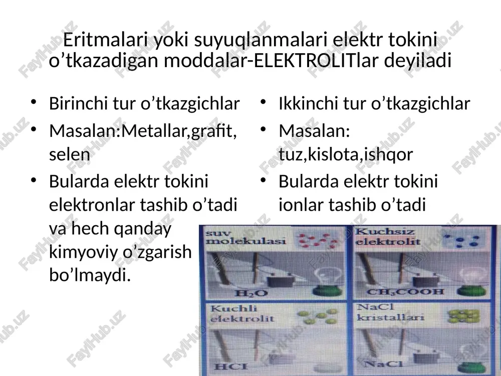 soni arrenius α ni osmotik koeffitsient bilan bog’lab topdi ptaj/pnaz= 1+α=i dissotsilanish darajasi tashqi sharoitlar-harorat va eritma konsentratsiyasiga ham bog’liq.harorat ortishi bilan sistemada endotermik jarayon ketadi. harorat ortsa dissotsilanish darajasi ortishi yoki kamayishi mumkin. eritma konsentratsiyasi kamaysa dissotsilanish darajasi ortadi(kuchli elektrolitlarda). elektrolitik dissotsialanish mexanizmda ionlar solvatlanishining ahamiyatini 1-bo’lib 1891-yilda kablukov taklif qildi. massalar ta’siri qonunini elektrolit eritmalariga qo’llab arrenius nazariyasini tekshirilish uchun natijalar olindi. kd-dissotsilanish doimiysi bu qiymat eritma suyiltirilganda ham o’zgarmasligi kerak. bu tenglamani tajribada tekshirib bo’lmaydi. tajribada topish uchun 1l eritmada c g/mol ch3cooh bo’lib,dissotsilanish darajasi α bo’lsa, cα g/mol dissotsilangan bo’ladi kuchsiz elektrolit uchun ostvaltning qonuni to’g’ri keladi. elektrolitik dissotsialanish nazariyasi suvsiz nsl kislotami yoki yo'qmi, ammiak va aminlar suvsiz holda asosmi yoki yo'qmi, degan savolga javob bermaydi. bundan tashqari, alkogolyatlar (ro-) va amid anioni (nh2-) kuchli asoslar bo'lib, ular gidroksil ionini o'zida tutmasligini ham hisobga olmaydi. arrenius nazariyasi kamchiliklari 1.nazariya elektrolitlarning ionlarga ajralish sababini tushuntirmaydi.erituvchining roli …