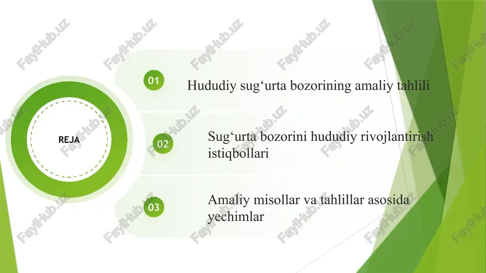 i hududiy rivojlantirish istiqbollarini aniqlash uchun avvalo hududiy talab va imkoniyatlar tahlil qilinadi. shahar va qishloq hududlaridagi xizmatlar farqlari hisobga olinadi. kompaniyalar hududiy marketing strategiyalarini ishlab chiqib, mijozlarga qulay xizmat ko‘rsatadi. 2 rivojlanish istiqbollari kutilayotgan qoplamalar va moliyaviy zaxiralar asosida prognoz qilinadi. yangi hududlarda sug‘urta xizmatlarini kengaytirish imkoniyatlari aniqlanadi. zamonaviy texnologiyalar va elektron tizimlar yordamida xizmatlar tezkor va samarali bo‘ladi. 3 sug‘urta kompaniyalari hududiy farqlarni bartaraf etish va xizmat sifatini oshirish yo‘lida chora-tadbirlar ishlab chiqadi. hududiy rivojlanish istiqbollari moliyaviy barqarorlikni ta’minlashga xizmat qiladi. baliq skleti metodikasi sug‘urta kompaniyalarining hududiy joylashuvi notekis, ba’zi hududlarda xizmat yetarli emas. kompaniyalarni yangi hududlarga kengaytirishga rag‘batlantirish va filiallar ochish. polislardagi shartlarni hududiy xususiyatlarga moslashtirish va mijozlarga tushuntirish. hududiy marketing va rivojlanish strategiyalarini ishlab chiqish, prognoz va tavsiyalarni joriy etish. hududiy bozorni rivojlantirish bo‘yicha strategiyalar yetarli ishlab chiqilmagan. shahar va qishloq hududlarida sug‘urta xizmatlariga talab va taklif farqlari mavjud. hududiy statistika asosida xizmatlarni moslashtirish va yangi …
