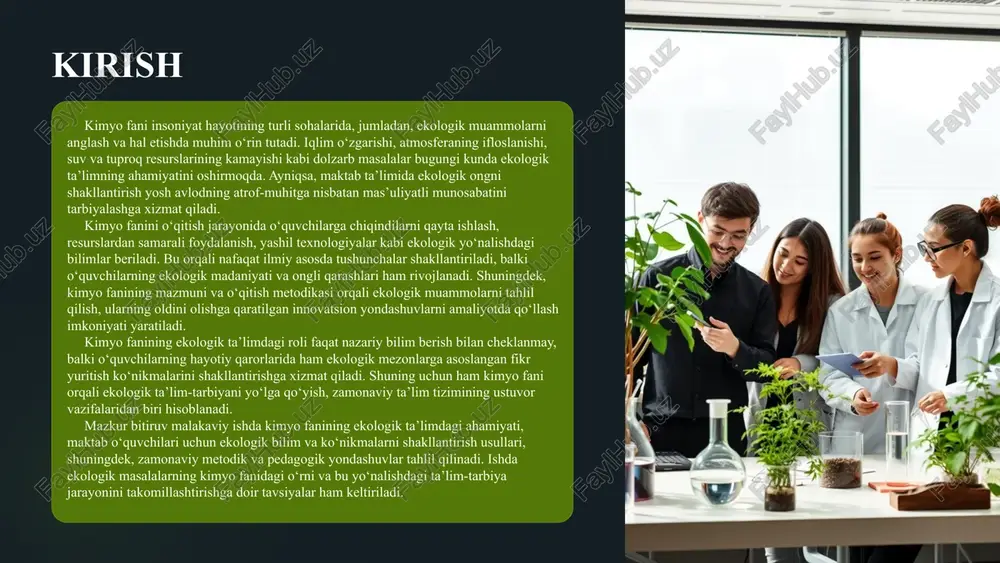 xilma-xillikning yo‘qolishi – insoniyat va jamiyat salomatligiga jiddiy tahdid solmoqda. bunday muammolarni hal qilishda ekologik ta’lim muhim rol o‘ynaydi. ayniqsa, bu ta’limni yosh avlodga singdirish orqali tabiatni asrash va barqaror rivojlanishga yo‘naltirish zarurati ortib bormoqda. maktab ta’limidagi ekologik ta’limning roli maktab ekologik ongni shakllantirishning boshlang‘ich bosqichi hisoblanadi. kimyo fani orqali o‘quvchilarga ekologik muammolar, resurslardan oqilona foydalanish, chiqindilarni boshqarish va yashil texnologiyalar haqida bilimlar beriladi. bu jarayon o‘quvchilarda nafaqat ilmiy tafakkurni, balki ekologik va ijtimoiy mas’uliyatni ham shakllantiradi. kimyo fanining ekologik ta’limdagi ahamiyati kimyo fani atrof-muhitda sodir bo‘ladigan kimyoviy jarayonlarni tushunishga yordam beradi. bu fan orqali o‘quvchilar xavfli moddalar bilan ishlash, chiqindilarni to‘g‘ri boshqarish, ekologik xavfsizlik kabi masalalarni o‘rganadilar. shuningdek, ekologik muammolarni tahlil qilish va hal qilish yo‘llarini izlashga undovchi innovatsion fikrlash shakllanadi. mavzuning dolzarbligi va istiqboli “maktabda kimyo fanini o‘qitishda ekologik ta’lim-tarbiyaning o‘rni” mavzusi bugungi kunda juda dolzarb hisoblanadi. u nafaqat o‘quvchilarning ekologik ongini shakllantiradi, balki ularni ekologik xavfsizlik, tabiatni …