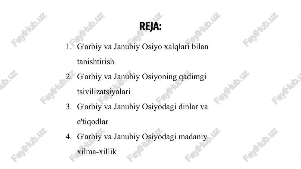 alardan qur'ongacha mintaqaning ma'naviy merosi juda keng va rang-barangdir. 02 g'arbiy va janubiy osiyodagi madaniy xilma-xillik g'arbiy va janubiy osiyo xalqlari o'zlarining boy madaniy xilma-xilligi, asrlar davomida shakllangan an'analar, tillar va e'tiqodlarning uyg'unligi bilan mashhur. hindistonning jo'shqin bozorlaridan tortib eronning qadimiy xarobalarigacha, har bir mintaqa o'z tarixi va merosiga noyob ko'rinishni taklif qiladi, turli jamoalar va urf-odatlar gobelenini namoyish etadi. fors gilamlarining murakkab naqshlari yoki bollivudning murakkab raqs harakatlari bo'ladimi, g'arbiy va janubiy osiyo madaniyatlari butun dunyodagi odamlarni o'ziga jalb qilishda va ilhomlantirishda davom etmoqda. g'arbiy va janubiy osiyo xalqlari tarixiy ta'sirlar, jumladan, istilolar, ko'chishlar va savdo munosabatlarining gobelenlari bilan shakllangan. qadimgi mesopotamiya tsivilizatsiyalaridan tortib fors imperiyasigacha bu hududlar madaniy almashinuv markazlari bo'lgan. g'arbiy va janubiy osiyoga tarixiy ta'sirlar miloddan avvalgi iv asrdagi iskandar zulqarnayn istilolari merosi mintaqada ellinizm madaniyati va g‘oyalarini yoyishda o‘zgacha iz qoldirdi. milodiy 7-asrda islomning yuksalishi turli xalqlarni umumiy eʼtiqod ostida birlashtirib, manzarani yanada oʻzgartirdi. yevropa …