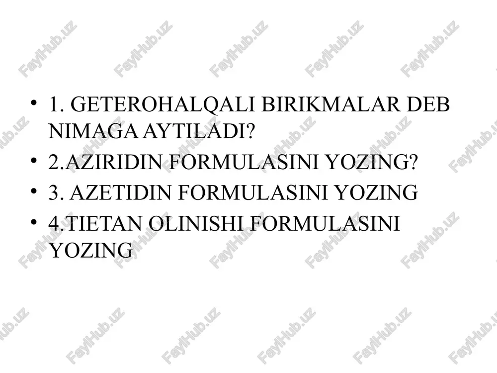 440-4600ᵒc da, katalizator (rux va temir xromitlari, marganets, xrom va rux oksidlari aralashmasi) ishtirokida dekarbonillanib furanga aylanadi: 3. furan gomologlari 2,5-diketonlarni zncl₂, p₂o₅yoki h₂so₄ishtirokida degidratlash bilan olinadi: furan 1 2 3 kimyoviy xossalari furan elektrofil almashinish va birikish reaksiyalariga, shuningdek, halqaning ochilishi hamda kislorodning almashinishi bilan boradigan reaksiyalarga kirisha oladi. furan halqasi ishqorlar ta‘siriga chidamli, ma‘dan kislotalar ta‘sirida esa oson parchalanadi. shuning uchun ham furanni nitrolashda nitrat kislota o’rniga atsetilnitrat, sulfolashda esa sulfat kislota o’rniga piridinsulfotrioksid ishlatiladi: kimyoviy xossalari furanni galogenlash nitrolash singari oraliq birikish mahsulotlarining hosil bo’lishi orqali boradi: tgf – alifatik oddiy efir xossalariga ega. furandan farqli o’laroq, u aromatik xossalarni namoyon qilmaydi. furan 400-4500ᵒc da al ₂o ₃ ishtirokida vodorod sulfid bilan reaksiyaga kirishib tiofen, ammiak bilan esa pirrol hosil qiladi. bu reaksiyalarda halqadagi kislorod oltingugurt va azotga almashinadi. furan, tiofen va pirrolning yuqori haroratda al₂o₃ ishtirokida bir-biriga aylanishi quyidagi sxema bo’yicha boradi (y. k. yuryev reaksiyasi): …