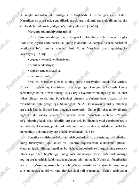 d" atamasi ostida guruhlanadi. so‘z urg‘usining turli turlari faqat tabiati yoki darajasi bo‘yicha emas, balki tilning turli so‘zlaridagi joylashuvi bo‘yicha ham farqlanadi. bu nuqtai nazardan ikki turdagi so‘z farqlanadi: 1. o‘rnatilgan va 2. erkin. o‘rnatilgan so‘z urg‘usiga ega tillarda asosiy urg‘u doimiy ravishda tilning barcha so‘zlarida bir xil pozitsiyadagi bo‘g‘inda joylashadi [3, 65 b]. mavzuga oid adabiyotlar tahlili soʻz urgʻusi masalasiga bagʻishlangan koʻplab ilmiy ishlar mavjud. ingliz tilida so‘z urg‘usi erkin bo‘lsa-da, uning joylashuvi va darajasi turlicha bo‘lishini belgilovchi ba’zi omillar mavjud. prof. v. a. vassilyev ularni quyidagicha tavsiflaydi [1, 23 b]: • orqaga chekinish tendentsiyasi; • ritmik tendentsiya; • saqlash tendentsiyasi va • ma’noviy omil prof. m. mirtojiev o‘zbek tilining urg‘u xususiyatlari haqida fikr yuritib, o‘zbek tili urg‘usining kvantitativ xususiyatga ega ekanligini ta’kidlaydi. uning qarashlariga ko‘ra, o‘zbek tilidagi leksik urg‘u kvantitativ tabiatga ega bo‘lib, chet tildan olingan so‘zlarning bo‘g‘inidagi dinamik urg‘ularni ham o‘zgartirish va o‘zlashtirish qobiliyatiga ega. shuningdek, n. …