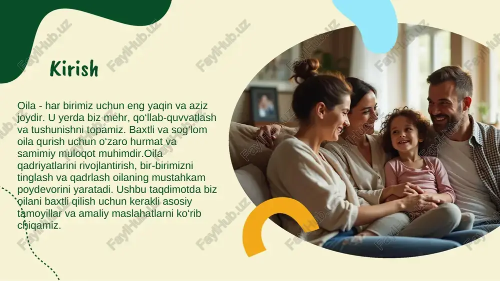 g bir- biriga bo‘lgan hurmatini ham kuchaytiradi. ota-ona va bolalar o‘rtasidagi aloqalar ota-ona va bola munosabatlari oilaning yuragi hisoblanadi. bu munosabatlar mehr, ishonch va samimiyatga asoslangan bo‘lsa, bolalar o‘zlarini himoyalangan va sevgi bilan o‘ralgan his qiladilar. ochiq muloqot bolalarga o‘z fikrlarini erkin ifoda etish imkonini beradi, bu esa ularning shaxsiy rivojlanishiga yordam beradi. hurmat va qo‘llab-quvvatlash bilan ota-ona bolalarining o‘ziga ishonchini oshiradi. shu tarzda mustahkam va mehribon aloqalar oilada doimiy baxt va tinchlikni saqlaydi. nizolarni hal etish usullari nizolarni hal qilishda eng yaxshi yo‘l – bu samimiylik va ochiqlikdir. har bir oilaviy a’zoning fikri tinglanishi va qadrlanishi kerak, shunda har kim o‘zini hurmatlangan his qiladi. shuningdek, kompromissga tayyor bo‘lish muammolarni tez va to‘g‘ri yechishga yordam beradi.birgalikda muammolarni hal etish oiladagi birlik va tushunishni oshiradi. bu faqat muammolarni bartaraf qilmay, balki oilani yanada mustahkam va baxtli qiladi. oilada bunday yondashuv – farovon hayotning kalitidir. moliyaviy barqarorlik va rejalashtirish moliyaviy barqarorlik oilaning …