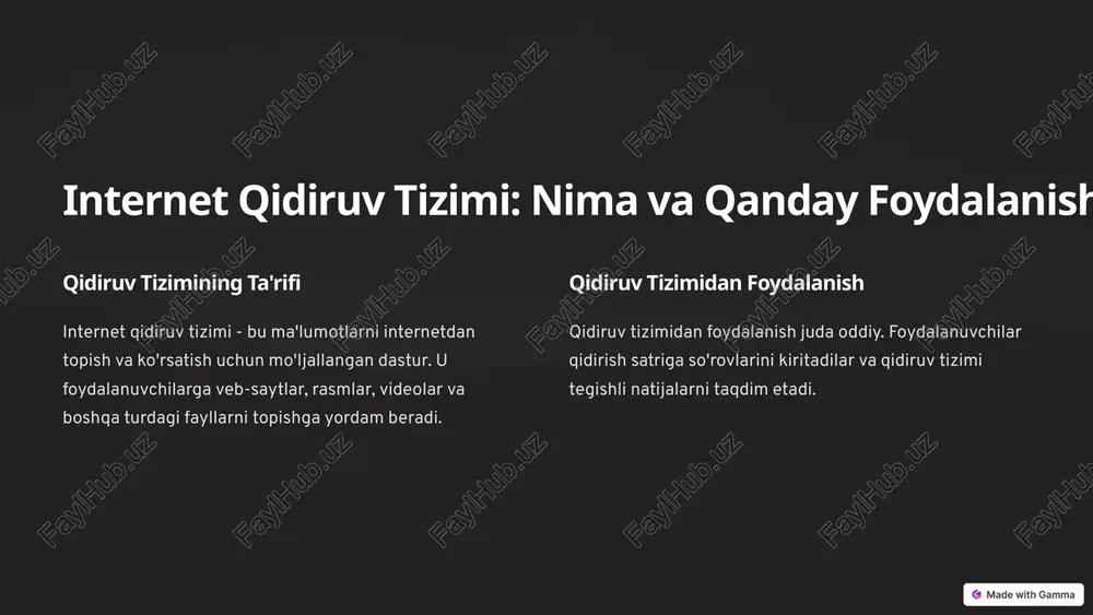 qidirishimiz mumkin. operatorlarni ishlatish or, and, not operatorlari qidiruv so'rovini toraytirish yoki kengaytirish uchun ishlatiladi. filtrlarni qo'llash ba'zi qidiruv tizimlari sana, til, format va boshqa parametrlar bo'yicha filtrlash imkoniyatini taqdim etadi. qidirish natijalari ichidan eng muhim axborotlarni ajratib olish 1 sarlavhalar 2 birinchi xatboshi eng muhim ma'lumotlar ko'pincha sarlavhalar va birinchi xatboshiga joylashtiriladi. 3 kalit so'zlar qidiruv so'roviga tegishli kalit so'zlarni qidirish natijalarida topamiz. 4 diagramma va jadvallar topilgan axborotlarni qayta ishlash va tahlil qilish 1 tartibga solish topilgan axborotlarni manbaga, mavzuga yoki boshqa mezonlarga ko'ra tartibga solamiz. 2 qisqartirish keraksiz ma'lumotlarni olib tashlab, asosiy ma'lumotlarni qisqartiramiz. 3 tahlil qilish topilgan axborotlarni tahlil qilib, ularning ahamiyatini va o'zaro bog'liqliklarini aniqlaymiz. axborotlarni taqsimlash va ulashish 1 ma'lumotlarni saqlash topilgan axborotlarni fayllar, ma'lumotlar bazalari yoki boshqa saqlash vositalarida saqlaymiz. 2 taqdimotni tayyorlash taqdimot, xabarnoma, yoki maqola tarzida axborotlarni boshqalarga taqdim etish uchun tayyorlaymiz. 3 ulashish tayyorlangan axborotlarni veb-saytlar, ijtimoiy tarmoqlar, pochta orqali …