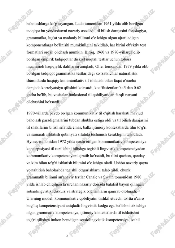 ni nazariy asosladi, til bilish darajasini fonologiya, grammatika, lug'at va madaniy bilimni o'z ichiga olgan ajratiladigan komponentlarga bo'linishi mumkinligini ta'kidlab, har birini ob'ektiv test formatlari orqali o'lchash mumkin. biroq, 1960 va 1970-yillarda olib borilgan empirik tadqiqotlar diskret nuqtali testlar uchun tobora muammoli haqiqiylik dalillarini aniqladi, oller tomonidan 1979 yilda olib borilgan tadqiqot grammatika testlaridagi ko'rsatkichlar naturalistik sharoitlarda haqiqiy kommunikativ til ishlatish bilan faqat o'rtacha darajada korrelyatsiya qilishini ko'rsatdi, koeffitsientlar 0.45 dan 0.62 gacha bo'lib, bu vositalar funktsional til qobiliyatidan farqli narsani o'lchashini ko'rsatdi. 1970-yillarda paydo bo'lgan kommunikativ til o'qitish harakati mavjud baholash paradigmalarini tubdan shubha ostiga oldi va til bilish darajasini til shakllarini bilish sifatida emas, balki ijtimoiy kontekstlarda tilni to'g'ri va samarali ishlatish qobiliyati sifatida tushunish kerakligini ta'kidladi. hymes tomonidan 1972 yilda nashr etilgan kommunikativ kompetensiya kontseptsiyasi til tuzilishini bilishga tegishli lingvistik kompetensiyadan kommunikativ kompetensiyani ajratib ko'rsatdi, bu tilni qachon, qanday va kim bilan to'g'ri ishlatish bilimini o'z ichiga …