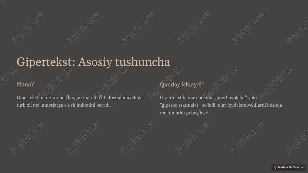 ravishda o'zaro ta'sir qilib, o'zlarining o'rganish usullarini tanlashlari mumkin. cheklangan tomonlari: muammolar 1 yo'nalish ortiqcha ma'lumotlar foydalanuvchini chalkashtirib yuborishi mumkin. 2 xavfsizlik gipermedia xavfsizlik xavfi va noto'g'ri ma'lumotlar bilan bog'liq bo'lishi mumkin. 3 tashkilot gipermedia tizimlarini tashkil qilish va boshqarish murakkab bo'lishi mumkin. qo'llanilish sohalari: yangi imkoniyatlar 1 ta'lim gipermedia ta'lim materiallarini qiziqarli va interaktiv qilish uchun ishlatilishi mumkin. 2 marketing gipermedia marketing kampaniyalarini yaratish va foydalanuvchilar bilan aloqani kuchaytirish uchun ishlatilishi mumkin. 3 ijtimoiy tarmoqlar gipermedia ijtimoiy tarmoqlar platformalarida o'zaro ta'sir qilish va ma'lumotlarni almashishni osonlashtirish uchun ishlatilishi mumkin. kelajak: yangi yo'nalishlar 3d 3d dunyo gipermedia 3d dunyo va virtual reallikni yanada interaktiv qilishda muhim rol o'ynaydi. ai sun'iy intellekt ai gipermediani shaxsiylashtirish va foydalanuvchilar uchun moslashtirish imkonini beradi. xulosa va tavsiyalar gipertekst, gipermurojaat va gipermedia texnologiyalari bizning ma'lumotlar bilan o'zaro ta'sir qilishimizni tubdan o'zgartirdi. ular bizga yangi imkoniyatlar yaratish, ta'limni takomillashtirish va dunyo haqidagi tushunchamizni kengaytirishga imkon beradi. …