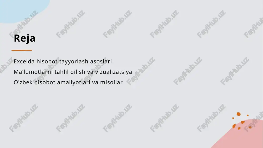 ikalar va diagrammalarni samarali ishlatish orqali ma'lumotlarni vizuallashtirishda yordam beradi. excelda ma'lumotlarni tahlil qilish usullari va metodologiyalari. 1 statistik tahlil excelda statistik tahlil usullari orqali ma'lumotlar to'plamini ko'rib chiqish, tendentsiyalarni aniqlash va statistik ko'rsatkichlarni hisoblash mumkin. 2 pivot jadval pivot jadval yordamida ma'lumotlarni tez va samarali tarzda tahlil qilish, guruhlash va xulosa chiqarish imkoniyatlari mavjud. bu jarayon oddiy va intuitivdir. 3 funktsiyalar va formulalar excelda turli funktsiyalar va formulalarni qo'llash orqali ma'lumotlarni tahlil qilishda hisoblash, solishtirish va natijalarni chiqarish osonlashadi. 4 ma'lumotlarni filtr qilish filtr funksiyasi yordamida ma'lumotlar bazasidan kerakli ma'lumotlarni tanlash va osonlik bilan tahlil qilish imkoniyatini beradi, shuningdek, natijalarni qisqartiradi. ma'lumotlarni vizuallashtirish: grafiklar va diagrammalar orqali tushuntirish. 1 grafiklar va diagrammalar excelda ma'lumotlarni vizuallashtirishda grafiklar va diagrammalar muhim rol o'ynaydi, chunki ular murakkab ma'lumotlarni tushunishni osonlashtiradi. 2 vizuallashtirish turlari excelda ishlatiladigan asosiy vizuallashtirish turlari: ustunli grafiklar, chiziqli grafiklar va pies grafiklar, har biri turli ma'lumotlarni taqdim etish uchun …