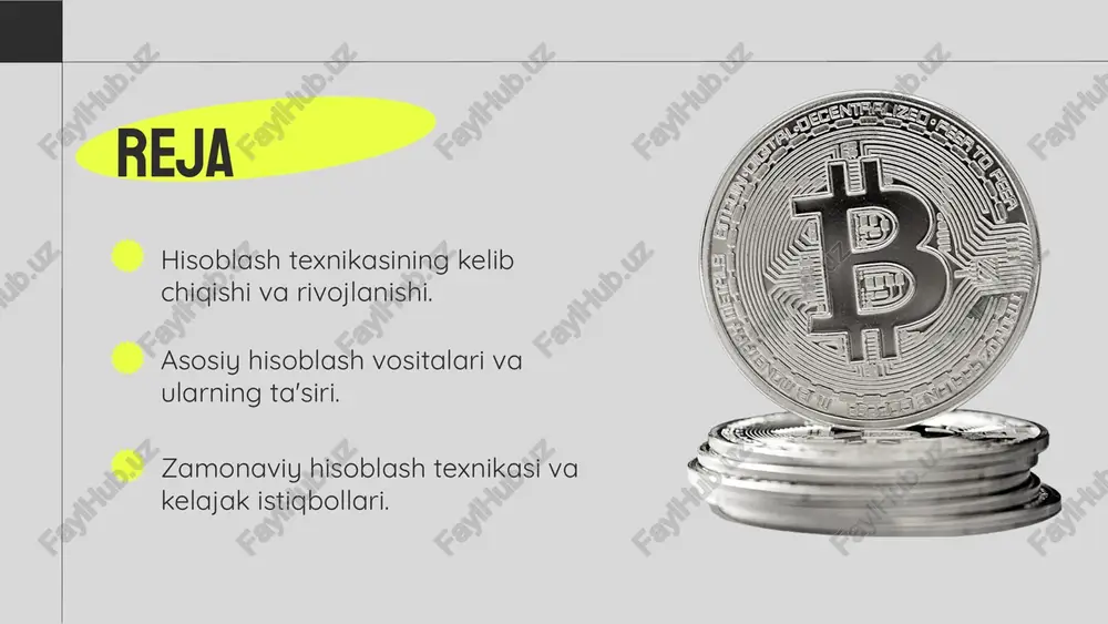 yatiga ega bo'lamiz. hisoblash texnikasi hayotimizda keng qo'llanilib, ta'lim, sog'liqni saqlash va biznes sohalarida inqilobiy o'zgarishlarga olib keldi. u ma'lumotlarni tezkor tahlil qilish, muammolarni hal qilish va samarali qarorlar qabul qilish jarayonlarini osonlashtiradi. shuningdek, bu texnologiyalar jamiyatimizni raqamlashtirish, innovatsion yechimlar yaratish va iqtisodiy o'sishni rag'batlantirishda muhim ahamiyatga ega. - sun'iy intellektning rivojlanishi va amaliyotda qo'llanilishi. - bulutli hisoblash orqali ma'lumotlarga global kirish imkoniyatlari. - kiberxavfsizlikni kuchaytirishga qaratilgan yangi texnologiyalar. - hisoblash texnikasining ekologik jihatdan barqaror yechimlari. 1. 2. 3. asosiy hisoblash vositalari hisoblash mashinalari tarixi miloddan avvalgi 3000 yillarga boradi. hisoblash mashinalari va mexanizmlari elektron hisoblash vositalari 20-asrda paydo bo'ldi va tez rivojlandi. elektron hisoblash vositalari hisoblash texnikasi ish jarayonlarini avtomatlashtiradi. hisoblash texnikasining ijtimoiy-iqtisodiy ta'siri hisoblash vositalari ish unumdorligini oshiradi. ijtimoiy muammolarni keltirib chiqarishi mumkin. yangi ish joylari va innovatsiyalar yaratadi. kiber hujumlar va shaxsiy ma'lumotlar xavfi mavjud. ish unumdorligini oshirishga yordam beradi. ijtimoiy muammolar, masalan, ish joylarining kamayishi. yangi …