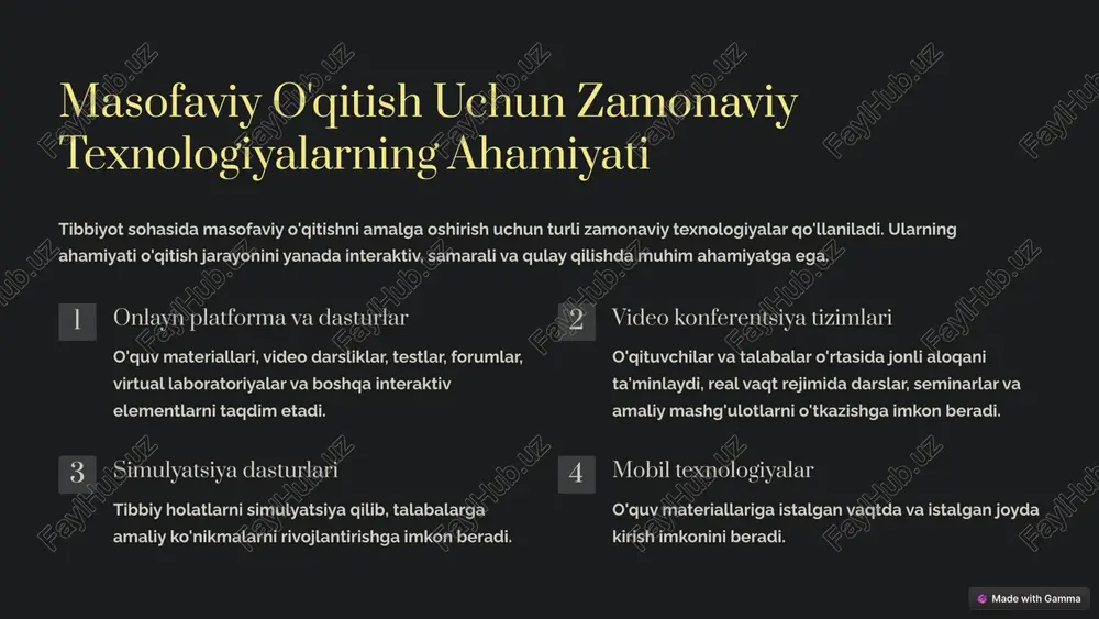 i xil interaktiv o'quv materiallari, shu jumladan: elektron kitoblar va darsliklar video darsliklar va o'quv materiallari interaktiv simulyatsiyalar va amaliy mashg'ulotlar o'quv testlari va baholash vositalari tibbiy ma'lumotlar bazalari va tibbiy ma'lumotlarga kirish imkoniyatlari virtual laboratoriyalar va klinikalar virtual laboratoriyalar va klinikalar tibbiyot talabalariga amaliy ko'nikmalarni rivojlantirish va tibbiy muhitda ishlash tajribasini olish imkonini beradi. ushbu texnologiyalar quyidagi imkoniyatlarni taqdim etadi: bemorlarni virtual muhitda tekshirish va davolash imkoniyati turli xil tibbiy jarayonlarni simulyatsiya qilish tibbiy asbob-uskunalar bilan ishlashni mashq qilish tibbiy xatolarni bartaraf etish va xavfsizlik choralarini o'rganish o'qituvchilar uchun masofaviy o'qitish bo'yicha malaka oshirish masofaviy o'qitish texnologiyalarini samarali qo'llash uchun o'qituvchilarga maxsus malaka oshirish kurslarini o'tkazish kerak. ushbu kurslar o'qituvchilarga: masofaviy o'qitish texnologiyalarini tanishtirish o'quv materiallarini online formatga moslashtirish bo'yicha ko'nikmalarni rivojlantirish interaktiv o'quv vositalaridan foydalanishni o'rgatish talabalarni virtual muhitda baholash va yo'naltirish usullarini o'rgatish masofaviy o'qitish muhitini boshqarish bo'yicha ko'nikmalarni rivojlantirish masofaviy o'qitishni amalga oshirishning huquqiy asoslari masofaviy …
