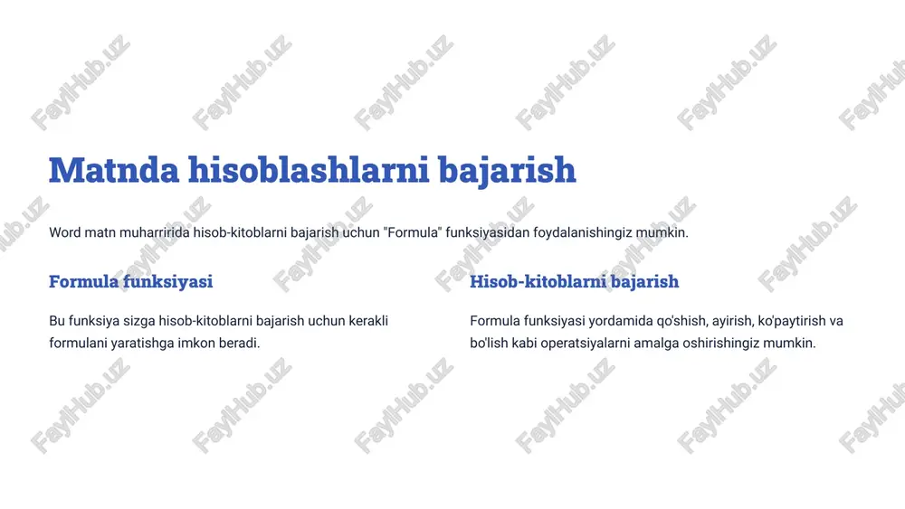 raqamlarni o'zgartirish uchun "format" funksiyasidan foydalanishingiz mumkin. oqlash va atrofni o'rash funksiyalari oqlash va atrofni o'rash funksiyalari matnni boshqa elementlar bilan uyg'unlashtirishga yordam beradi. 1 oqlash matnni boshqa elementlar bilan uyg'unlashtirish uchun. 2 atrofni o'rash rasm va matnning joylashishini o'zgartirish uchun. image2.png image1.png image3.png image4.png image5.png image6.png image7.png image8.png image9.png image10.png image11.png