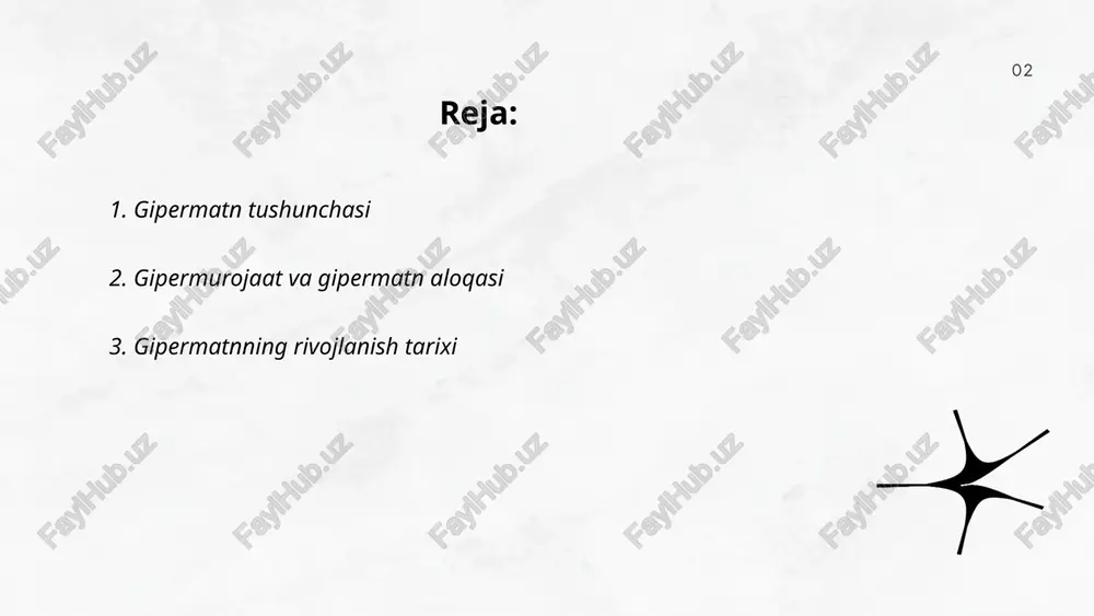 /slaydai_bot gipermatn tushunchasi 1945-yilda vannevar bush tomonidan "as we may think" maqolasida ilgari surilgan. 1965-yilda ted nelson "gipermatn" atamasini kiritdi. nelson 1960-yillarda xanadu loyihasini boshladi, bu gipermatn tizimini yaratishga qaratilgan dastlabki urinishlardan biri edi. 1987-yilda apple kompaniyasi hypercard dasturini chiqardi, bu gipermatn kontseptsiyasini kengroq ommaviylashtirdi. gipermatnning zamonaviy rivojlanishi tim berners-lee tomonidan 1989-yilda boshlangan bo‘lib, u jahon internet to‘rini (www) yaratish orqali gipermatnni global miqyosda tatbiq etdi. html (hypertext markup language) gipermatn uchun asosiy til sifatida ishlab chiqildi. bu til gipermatn sahifalarini yaratish va internetda ulanish imkonini berdi. 1990-yillarda www ommalashdi va gipermatn texnologiyalari zamonaviy internetning asosini tashkil etdi. ... t.me/slaydai_bot 4. gipermatnning internetdagi roli gipermatning internetdagi roli haqiqatdan ham katta ahamiyatga ega. gipermatn world wide web’da sahifalarni bir-biriga bog‘lashda asosiy vosita sifatida xizmat qiladi. html (hypertext markup language) gipermatnlarni yaratish uchun asosiy tildan biri hisoblanadi. 1990-yillarda tim berners-li tomonidan html va url kabi gipermatn texnologiyalari ishlab chiqilgan. bu texnologiyalar orqali …