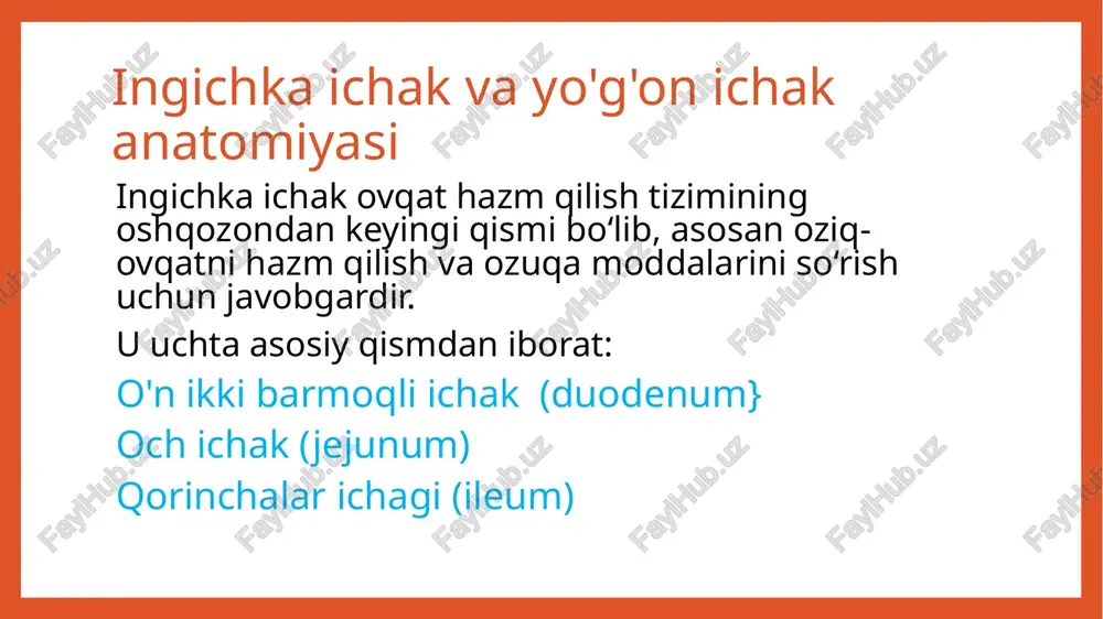 ‘rin tutadi. quyida asosiy radiologik tekshirish usullari keltirilgan: rentgenografiya (kontrast modda bilan) bariumli rentgen: barium sulfat yordamida ichakning shakli va harakatini baholash mumkin. ushbu usulda bemor barium moddasini ichadi yoki rektal yo‘l bilan yuboriladi. qo‘llanishi: ingichka ichakning torayishi (stenoz) yoki kengayishi. yallig‘lanish kasalliklari (masalan, crohn kasalligi). o‘smalar yoki boshqa shishlar. tutilish (obstruksiya) holatlari komp'yuter tomografiya (kt) kt enterografiya: kontrast modda yordamida ichak devorlari va atrof to‘qimalarning aniq tasviri olinadi. qo‘llanishi: yallig‘lanishli va infeksion kasalliklar. o‘smalar va metastazlar. ichakning perforatsiyasi yoki yallig‘lanishi (masalan, absess). magnit-rezonans tomografiya (mrt) mrt enterografiya: radiatsiyasiz usul bo‘lib, ichak devorlarining holatini baholashda ishlatiladi. qo‘llanishi: crohn kasalligi va uning asoratlari. ingichka ichakning ichki qon ketishini aniqlash. ichakning harakatlarini kuzatish. ultratovush tekshiruvi (utt) radiatsiyadan xoli, xavfsiz usul bo‘lib, shishlar, obstruksiya yoki boshqa patologiyalarni aniqlashga yordam beradi. qo‘llanishi: qorin og‘rig‘ini tekshirish. yallig‘lanish jarayonlarini aniqlash. kapsula endoskopiyasi ingichka ichakning ichki yuzasini baholash uchun maxsus video kapsula ichiladi. qo‘llanishi: ingichka ichakdagi qon …