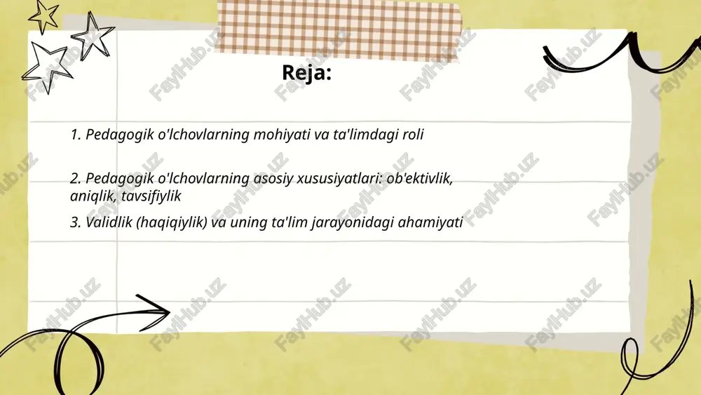 liy tavsiyalar va pedagogik islohotlarga asos bo'lishini kafolatlaydi. ... t.me/slaydai_bot 4. ishonchlilik (reliabilnost) va o'lchov natijalarining barqarorligi ishonchlilik o'lchov natijalarining barqarorligi va takrorlanuvchanligini anglatadi. asosiy turlari: test-retest, ichki uzviylik (cronbach alfa), baholovchilararo ishonchlilik (icc). cronbach alfa ≥0,70 qabul qilinadi; icc >0,75 yaxshi, >0,90 a'lo. o'lchov xatosi va standard xato (sem) hajmiga ta'sir qiladi. ishonchlilikni oshirish uchun savollar aniq, etarli uzunlik, standartlashtirilgan sharoit, baholovchilarni o'qitish va oldindan sinov yoki parallel formasidan foydalanish zarur. ... t.me/slaydai_bot standartlashtirish va normativ baholash ta'lim sifatiga 1) ta'lim dasturi va natijalarining bir xilligi orqali barqarorlik keltiradi, 2) o'quvchilarning natijalarini solishtirish va respublikaviy monitoringni osonlashtiradi, 3) hisobdorlik va sifatni oshirish uchun ma'lumotlarga asoslangan qarorlarni rag'batlantiradi, 4) ishonchlilik va yaroqlilik talablarini kuchaytiradi, 5) o'quv dasturini toraytirish va o'qituvchining mustaqilligini cheklash kabi xavflarga ega ... t.me/slaydai_bot kriteriyaga asoslangan baholashda baholash o'quv natijalarining aniq mezonlariga bog'liq bo'lib, o'quvchining shaxsiy kompetensiyalarini aniqlash, formativ fikr-mulohaza va o'quv jarayonini shaxsiylashtirish imkonini beradi. normativ …