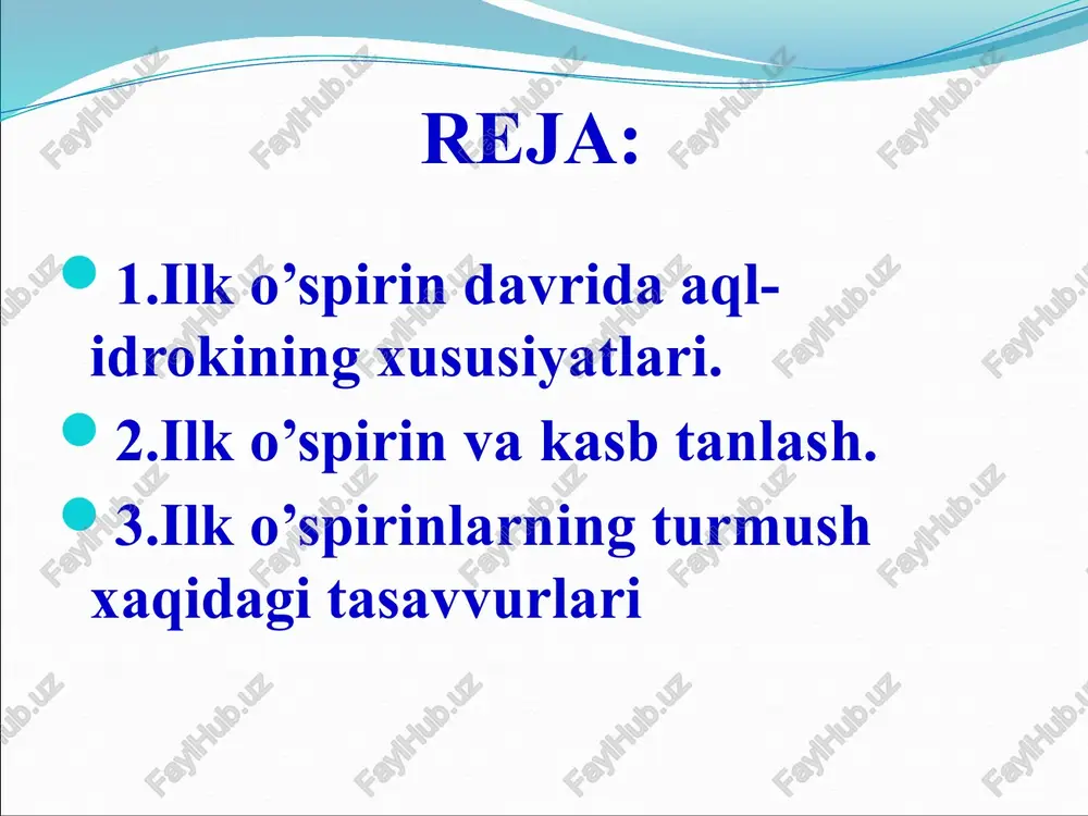 va qon tomirlarning rivojlanishida o‘smirlarga xos bo‘lgan notekislik endi tekislashadi, qon bosimi baravarlashadi, ichki sekretsiya bezlari bir me’yorda bo’ladi. ilk o‘spirinlik davrini ikkinchi olish davri deb hisoblash mumkin. agar birinchi olish davri ko‘proq bolalikka yaqin bolsa, ikkinchi olish davrida bolgan o‘spirin ko‘proq yoshlik davriga yaqindir va shu jihatidan o‘rganiladi hamda tadqiq etila boshlaydi. rus psixologi l.s.vigotskiy 1920-yillardayoq ilk o‘spirinlar haqida nazariyalar ko’pligini ta’kidlagan edi. ilk o‘spirinlar haqida 3ta yirik yo’nalishlarni ajratib ko’rsatish mumkin. birinchi yo’nalish biogenetik yo‘nalish deb ataladi, uning asosida yetilishning biologik jarayonlari yotadi. ikkinchi yo’nalish sotsiogenetik yo’nalish deb ataladi, unda asosiy e’tibor ijtimoiylashuvga qaratiladi. uchinchi yo‘nalish psixogenetik deb atalib, uning asosida psixik jarayonlar va funksiyalarning rivojlanishi yotadi. taraqqiyotning biogenetik nazariyalarida rivojlanishning biologik determinantlariga asosiy urg‘u beriladi. rivojlanish jarayonining o‘zi bosqichlari universal bolgan yetilish sifatida talqin etiladi. bu yo‘nalishning yorqin namoyandalaridan biri xx asr amerikalik psixolog s.xolldir. uning ta’kidlashicha, rivojlanish psixologiyasining asosiy qonuni biogenetik «rekapitulyatsiya qonuni» hisoblanadi, unga ko’ra …