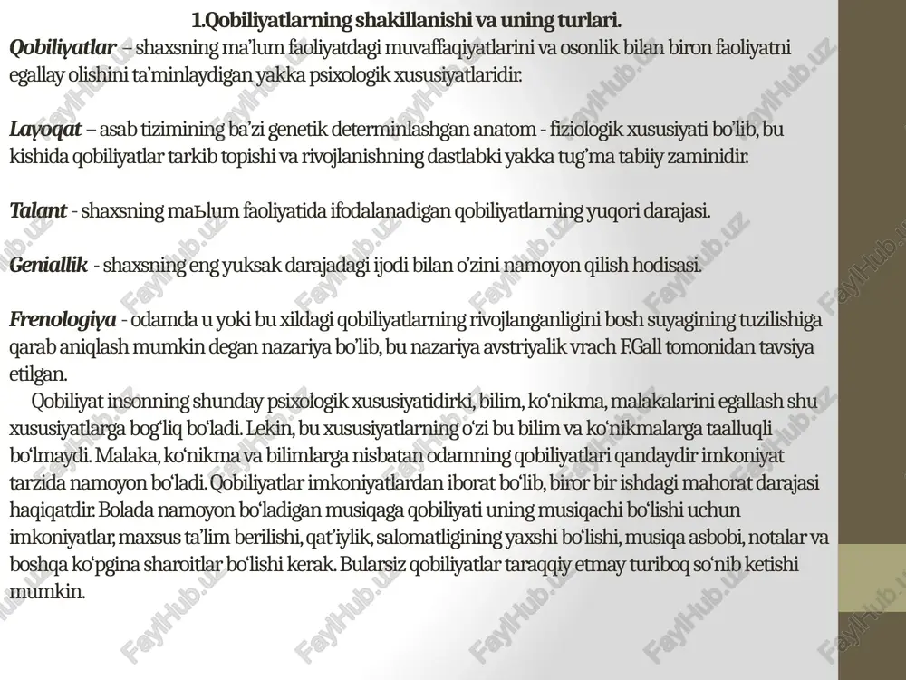umkin bo‘lmagan faoliyatlardagina namoyon bo‘ladi. o‘quvchida ham zaruriy ko‘nikma va malaka tizimi hamda mustahkam bilimlar tarkib topish uslublari yo‘qligiga asoslanib, jiddiy tekshirib ko‘rilsa, shoshilinch ravishda unda qobiliyatlar yo‘q, deb xulosa chiqarish pedagogning jiddiy psixologik xatosi bo‘ladi. masalan, albert eynshteyn o‘rta maktabda uncha yaxshi o‘qimaydigan o‘quvchi hisoblangan va uning kelajakda genial bo‘lishidan hech narsa dalolat bermas edi. qobiliyat bilim va malakalarning o‘zida ko‘rinmaydi, balki ularni egallash tizimida namoyon bo‘ladi ya’ni, boshqacha qilib aytganda mazkur faoliyat uchun muhim bo‘lgan bilim va ko‘nikmalarni o‘zlashtirish jarayonida turli sharoitlarda qanchalik tez, chuqur, engil va mustahkam amalga oshirishida namoyon bo‘ladi. qobiliyatlar individual psixologik xususiyatlar bo‘lishi bilan aql sifatlari xotira xususiyatlariga, hissiy xususiyatlar va shu kabilarni qarama-qarshi qo‘yib bo‘lmaydi, hamda qobiliyatlarni shaxsning bu xususiyatlari bilan bir qatorga qo‘yish ham mumkin emas. agar shu sifatlarning birortasi yoki ularning yig‘indisi faoliyat talablariga javob bersa yoki bu talablar ta’siri bilan tarkib topsa bu shaxsning mazkur individual xususiyatlarini qobiliyatlar deb hisoblashiga …
