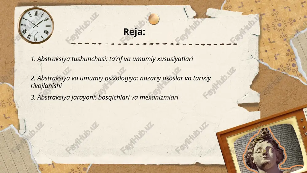 nitiv inqilob va hozirgi neyropsixologik tadqiqotlar. xulosa: abstraksiya — tushuncha hosil qilish, muammolarni hal etish va ta'lim metodikasini samarali qilish uchun zarur hukm. ... t.me/slaydai_bot abstraksiya jarayoni bosqichlari: 1) idrok va konkret objektlarni tan olish; 2) tahlil va xususiyatlarni ajratish; 3) taqqoslash va farqlash; 4) umumlashtirish va invariantlarni aniqlash; 5) kontseptsiyalashtirish va kategoriya yaratish; 6) simvolizatsiya va formalizatsiya. mexanizmlari: e'tibor, xotira, kategoriyalash, analogiya, mental modellash, idealizatsiya, seleksiya (muhimni tanlash), omissiya (muqim bo'lmaganini chetlab o'tish), abstraktsion operatsiyalar orqali qonun va qoidalarni hosil qilish. ... t.me/slaydai_bot 4. abstraksiya va fikrlash turlari: analiz, sintez va umumlashtirish abstraksiya — muayyan predmet yoki hodisaning eng muhim, umumiy xususiyatlarini ajratib olish va noaniq detallarni chetga surish jarayoni. analiz — ob’ektni tarkibiy bo‘limlarga bo‘lib, xususiyatlarni aniqlash; sintez — bo‘limlarni birlashtirib yangi butun yoki tushuncha hosil qilish. umumlashtirish — o‘xshashlikni aniqlab umumiy qonuniyatni chiqarish. abstraksiya fikrlashning asosi bo‘lib xulosalar va hukmni shakllantiradi, tadqiqot va ta’lim jarayonida diagnostika, rejalashtirish …