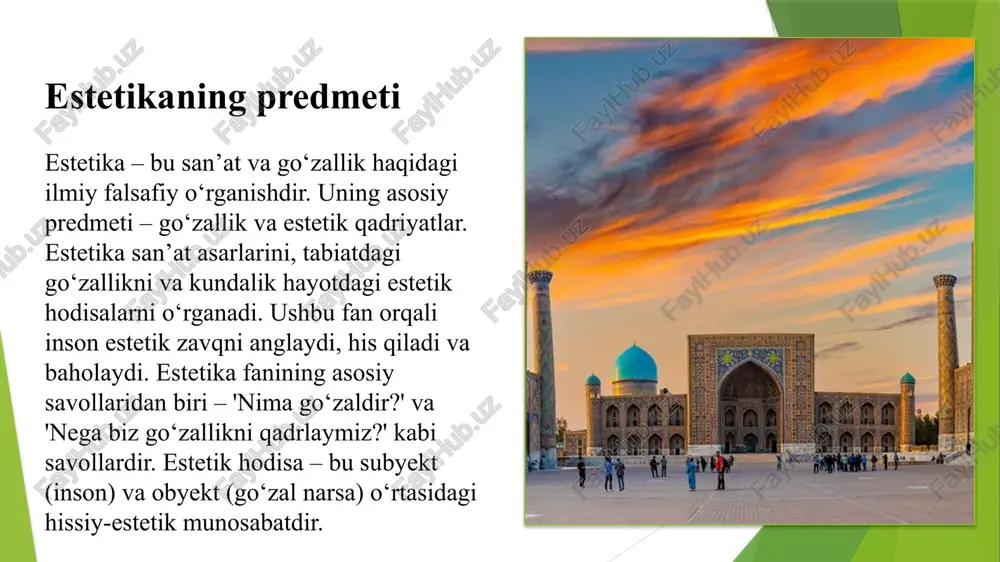 ojiaviy holatlar oldida chuqur o‘yga toldiradi. kulgililik esa hayotga yengillik va iliqlik bag‘ishlaydi. estetik qadriyatlar orqali inson hayotga boshqacha nazar bilan qaraydi va o‘zining ichki olamini boyitadi. nafosat va san’at san’at – bu insoniy tuyg‘ularni, g‘oyalarni estetik ifodalash vositasidir. san’at asarlari orqali insonlar go‘zallikni anglaydi, his qiladi. rassomlik, haykaltaroshlik, musiqa, teatr, adabiyot – bularning barchasi nafosatning turli shakllaridir. har bir san’at turi o‘z ifoda vositalariga ega. san’at inson qalbini tarbiyalaydi, estetik zavqni oshiradi va ongni yuksaltiradi. nafosat san’at orqali ijtimoiy va axloqiy g‘oyalarni ham yetkazadi. nafosat va madaniyat madaniyat – bu jamiyatning moddiy va ma’naviy boyliklar majmuidir. nafosat esa shu boyliklar orqali ifodalanadi. har bir xalqning madaniy merosida o‘ziga xos estetik qarashlar, san’at asarlari, urf-odatlar mavjud. nafosat madaniyat orqali shakllanadi va avloddan avlodga o‘tadi. madaniyat va nafosat o‘zaro bog‘liq bo‘lib, biri ikkinchisini to‘ldiradi. san’at va madaniyat estetik qadriyatlarni jamiyatga singdirishda muhim vosita hisoblanadi. go‘zallik mezonlari go‘zallik mezonlari vaqt va makonga …