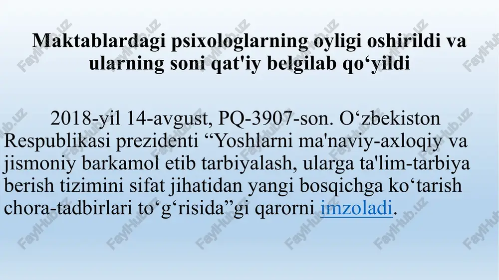 nalar, ijtimoiy hamda jamoatchilik tashkilotlari xodimlariga aniq maslahatlar berish; - ta'lim, tarbiya, taraqqiyot, kasb tanlash va turmush qurish, o`zaro munosabat, muomala va muloqot sirlari, tengdoshlar va voyaga etganlar munosabati, maslak, dunyoqarash, qobiliyat, iqtidor, axloq-diyonat, iymon, vatanparvarlik muammolari yuzasidan yakka tartibda, guruh va jamoa tarzida maslahatlar uyushtirish; - mamuriyatga bolalar, o`quvchilar va talabalarni (yotoqda, klublarda, kutubxonalarda) qiziqtiruvchi masalalar bo`yicha maslahat berish; ularni faollashtirish, ularga ta'sir o`tkazish to`g`risida rahbar kadrlarga amaliy ko`rsatmalar va tavsiyalar tayyorlash; - shaxsning psixologik holati yuzasidan ekspert-konsultant sifatida tergov ishlarida qatnashish, xalq sudlariga bolalar, o`quvchilar va talabalar psixik o`sishining xususiyatlariga oid ma'lumot berish, o`g`il va qizlarni asrab olish, onalik va otalikdan mahrum qilish, tashkilotlarni g`amho`rlik va vasiylik to`g`risidagi qabul qilgan qarorga munosabatini bildirish, shaxsning taqdirini hal qilishda qatnashish va maslahatlar berish; - ota-onalarga bolaning psixik rivojlanish xususiyatlari, shaxs sifatida shakllanishi, odamlarning o`zaro munosabati, bunda farzandning yosh, jins, shaxsiy tipologik xususiyatlari muammosi yuzasidan ilmiy-amaliy ma'lumotlar berish; - xalq ta'limi …