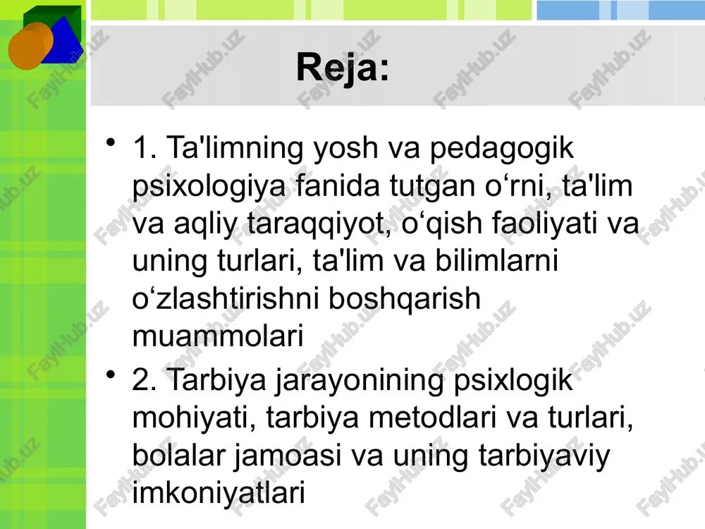 n ona o‘rdakning yurishini ko‘rib orqasidan ergashib yura boshlaydilar. chaqaloqlarda so‘rish reflekslari mavjud boladi. i.p.pavlov davridan beri xulq-atvorning bunday shakllari shartsiz reflekslar deb atalgan, ularni ko‘proq «instinkt» deb atash to‘g‘riroq bo’lur edi. ikkinchisi… shartli reflektor o‘rganish. bu bo‘yicha ham tadqiqotlarni dastlab i.p.pavlov olib borgan. 0‘rganishning bu turi dastlabki neytral qo‘zg‘atuvchiga shartli reaksiyalar sifatida xulq-atvorning yangi shakllari vujudga kelishini nazarda tutadi. organizmning shartli reflektor reaksiyalarini tug‘diradigan stimullar qabul qilinishi lozim. masalan, «limon» so‘zini aytishimiz bilan ko‘z oldimizga sariq rangli, nordon ta’mli meva keladi. uchinchisi… operant o‘rganishdir. bunday o‘rganish turida bilim, ko‘nikma va malakalar «sinab ko‘rish va xato qilish» metodi orqali o‘rganiladi. individ duch keladigan vaziyatlar unda turli instinktiv, shartsiz, shartli reaksiyalarni vujudga keltiradi. organizm ketma-ket amalda masalani yechish uchun har birini sinab ko‘radi va bunda avtomatik ravishda erishilgan natijani baholaydi. eng yaxshi natijaga olib kelgan reaksiya, vujudga kelgan vaziyatda organizmning qulay moslashishini ta’minlagani boshqalaridan ajralib chiqadi va tajribada mustahkamlanadi. mana shu …