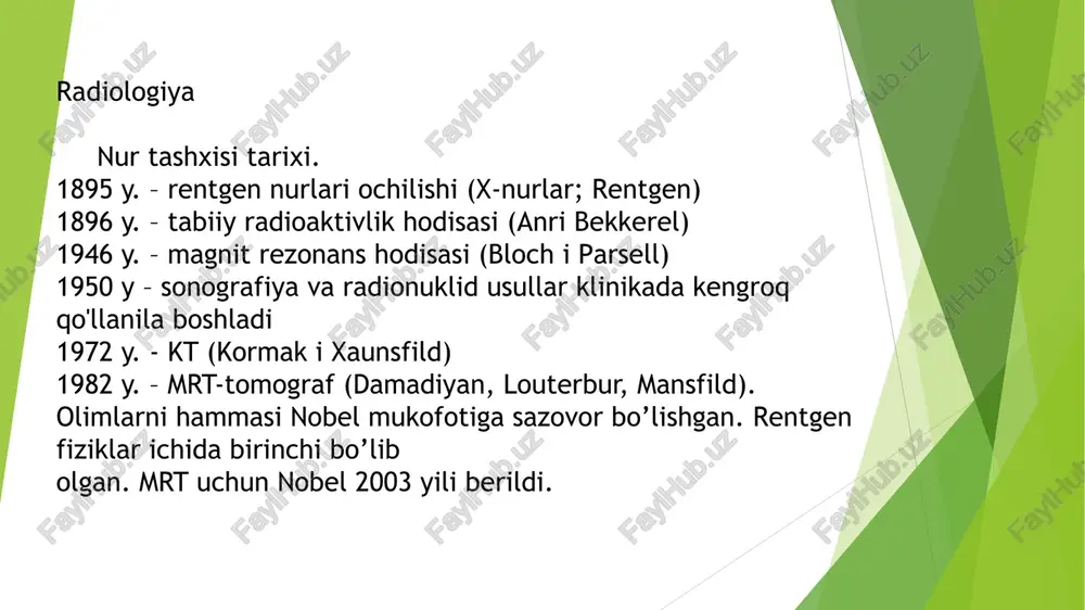 opiya, fistulografiya, kompyuter tomografiyasi (kt), spiral kompyuter tomografiyasi (skt), va ko'p qatlamli spiral kompyuter tomografiya (mskt) tibbiyotda tashxis qo'yishda keng qo'llaniladi. ularning har biri o'ziga xos xususiyatlarga ega, va ma'lum ko'rsatmalar va qarshi ko'rsatmalar mavjud. 1. flyurografiya (fluorografiya) ta'rif: flyurografiya — bu rentgen yordamida o'pkalarni tekshirish usulidir. bu tekshiruv o'pkadagi patologiyalar, jumladan, yallig'lanish va saraton kabi kasalliklarni aniqlash uchun ishlatiladi. flyurografiya o'pkalarning kichik hajmdagi tasvirlarini yaratadi va ko'pincha ommaviy tekshiruv sifatida foydalaniladi. ko'rsatmalar: o'pkalardagi yallig'lanishlar (masalan, pnevmoniya). tüberkuloz yoki boshqa o'pkaga oid kasalliklarni aniqlash. o'pkada tuzilmaviy o'zgarishlar. qarshi ko'rsatmalar: homiladorlik, ayniqsa, 1-trimesterda. kichik yoshdagi bolalar (texnik qiyinchiliklar sababli). agar bemor ionlashtiruvchi nurlanishga nisbatan juda sezgir bo'lsa. afzalliklari: tez va arzon tekshiruv. o'pkalardagi keng tarqalgan kasalliklarni aniqlashda samarali. kamchiliklari: yumshoq to'qimalarni aniq ko'rsatmaslik. yuqori darajadagi ionlashtiruvchi nurlanish xavfi. 2. rentgenogramma (rentgen tasviri) ta'rif: rentgenogramma — bu rentgen nurlari yordamida suyaklar, organlar va boshqa strukturalarning statik tasvirlarini olish usuli. bu metod tibbiyotda …