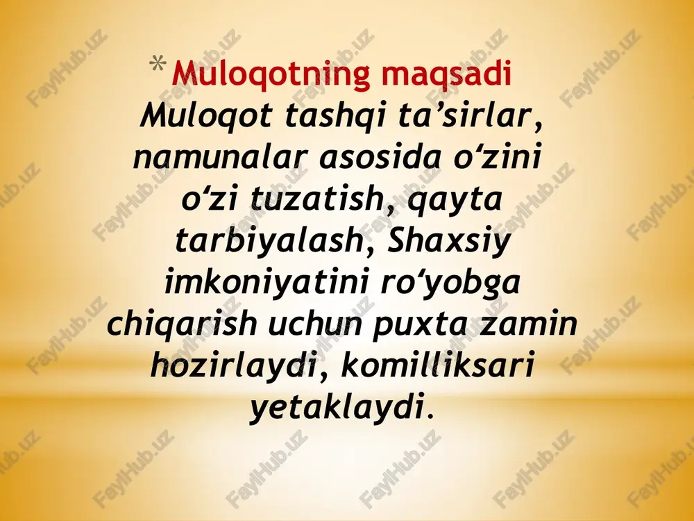 ravishda har bir tashkilotning muloqot uslubi mavjud boʻlib, u ingliz tilida «grapevine», greypvayn (tok novdasi) deb ataladi, chunki, u barcha yo‘nalishlarda harakat qiladi – gorizontal, vertikal, diagonal. norasmiy muomalaga shaxslar oʻrtasidagi oʽzaro munosabatlarga asoslangan muomalani koʻrsatish mumkin. muloqot toʻsiqlari ijtimoiy –psixologik toʻsiqlar semantik toʻsiqlar. jismoniy toʻsiqlar. vositaning noto‘gʻri tanlanishi. samarali muloqot prinsiplari: xabarning aniqligi qobiliyat iqtisod aniqlik tezlik mazmun ikki tomonlama jarayon toliqlilik ishonchlilik maxfiylik muloqot uslublariga quyidagilar kiradi hamkorlikdagi muloqot do`stona muloqot yolg`on muloqot qo`rqitish orqali muloqot masofaviy muloqot /docprops/thumbnail.jpeg